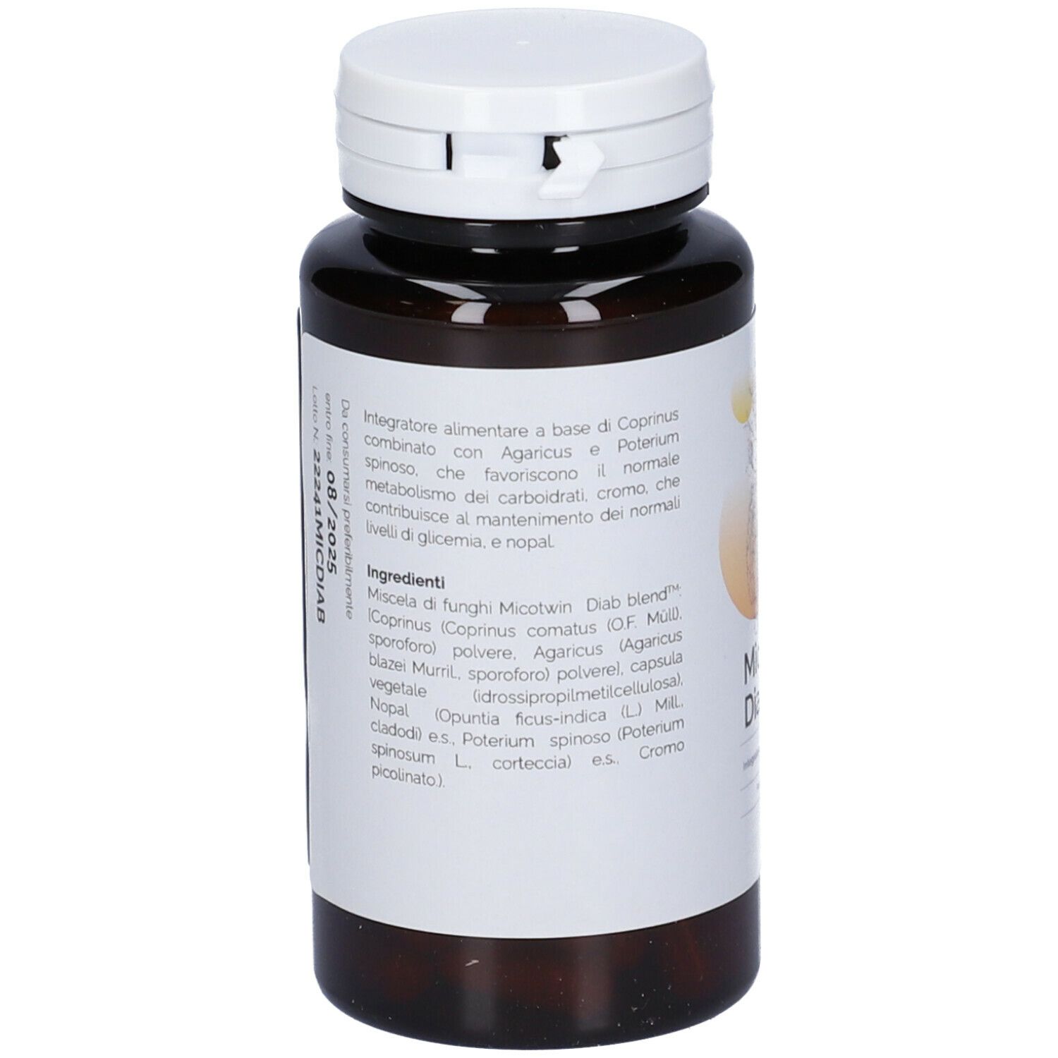 Braune Flasche mit weißem Deckel. Etikett mit Inhaltsstoffen und Informationen. Enthält Micotwin Diab blend.