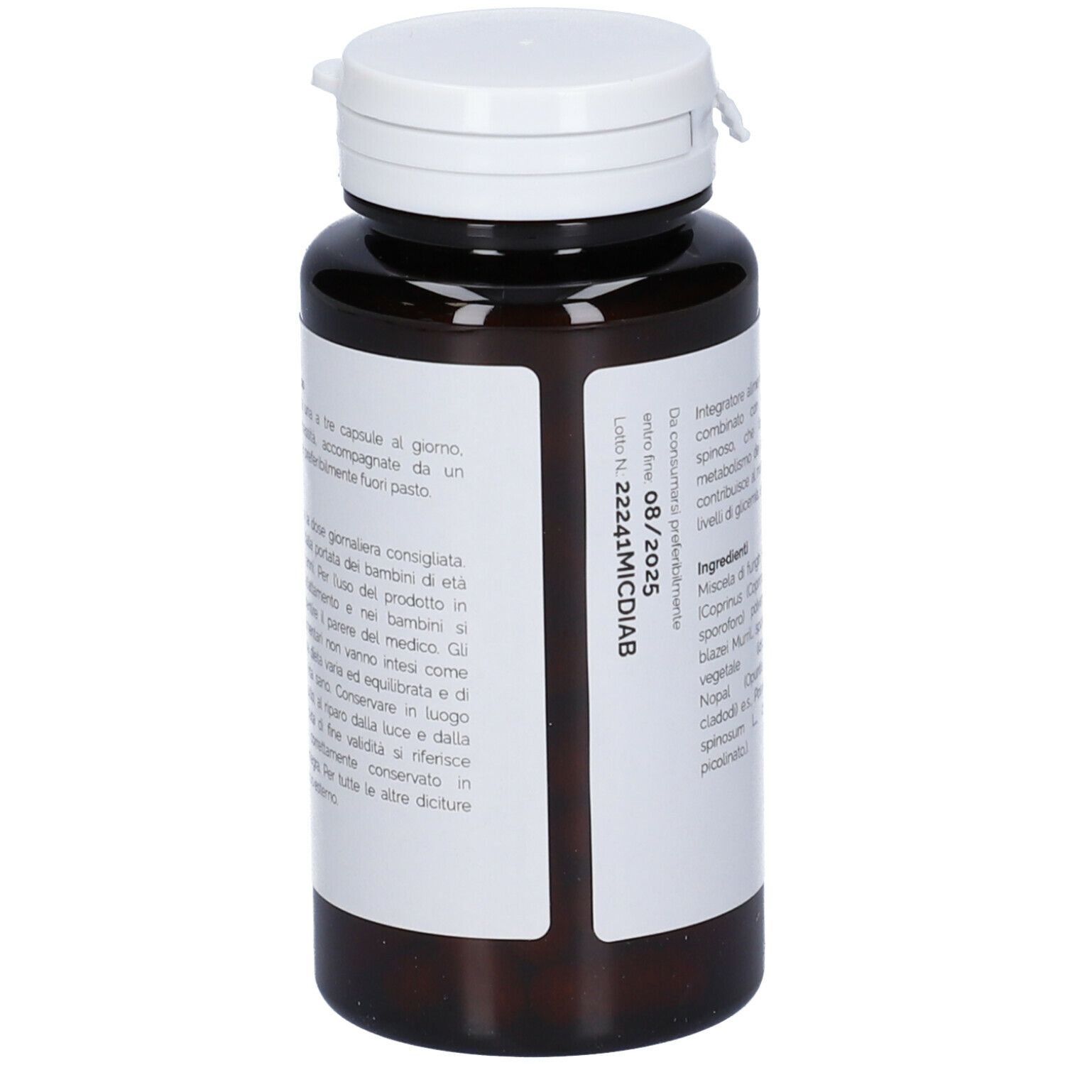 Braune Flasche mit weißem Deckel. Etikett mit Informationen. Enthält Chargennummer und Verfallsdatum.