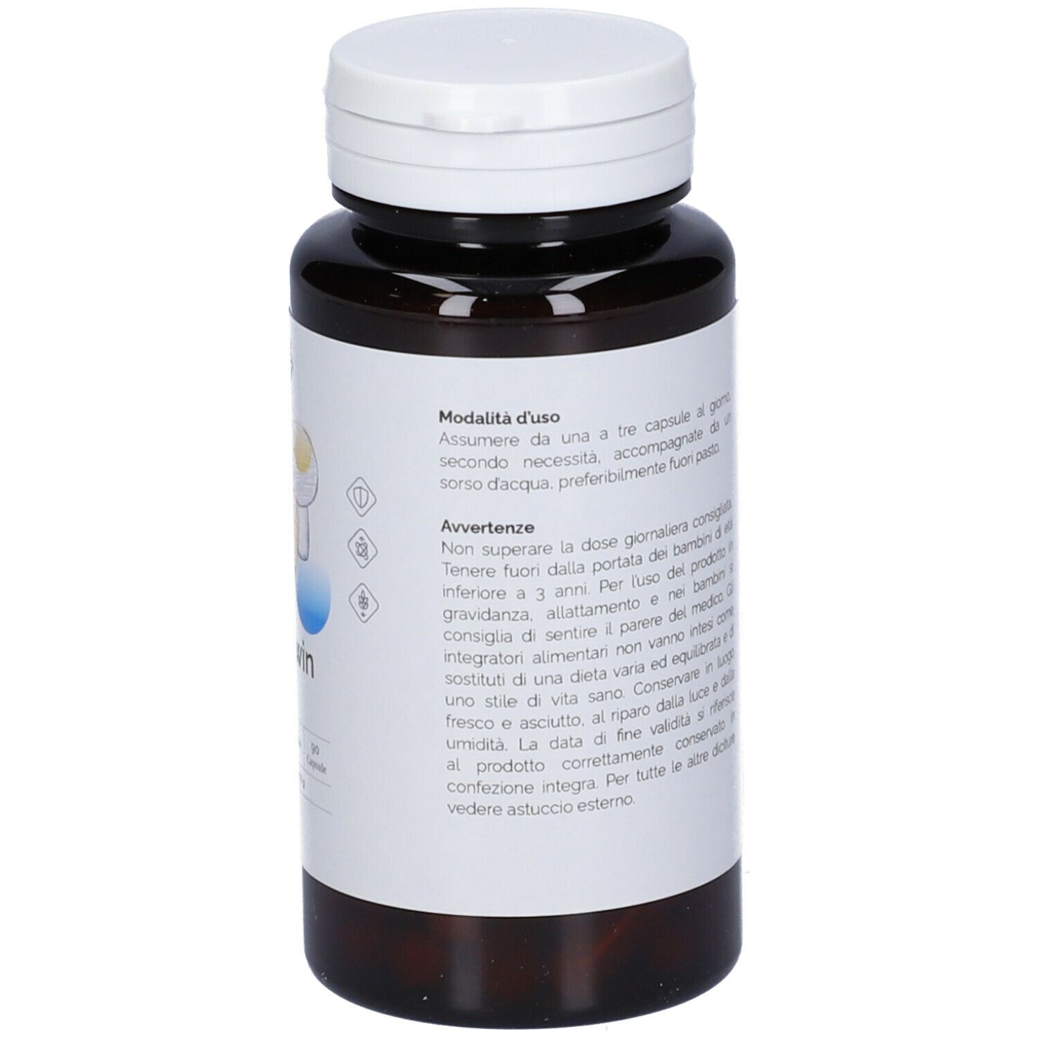 Braune Flasche mit weißem Deckel. Etikett mit Gebrauchsanweisung und Warnhinweisen. Für Kinder unzugänglich.