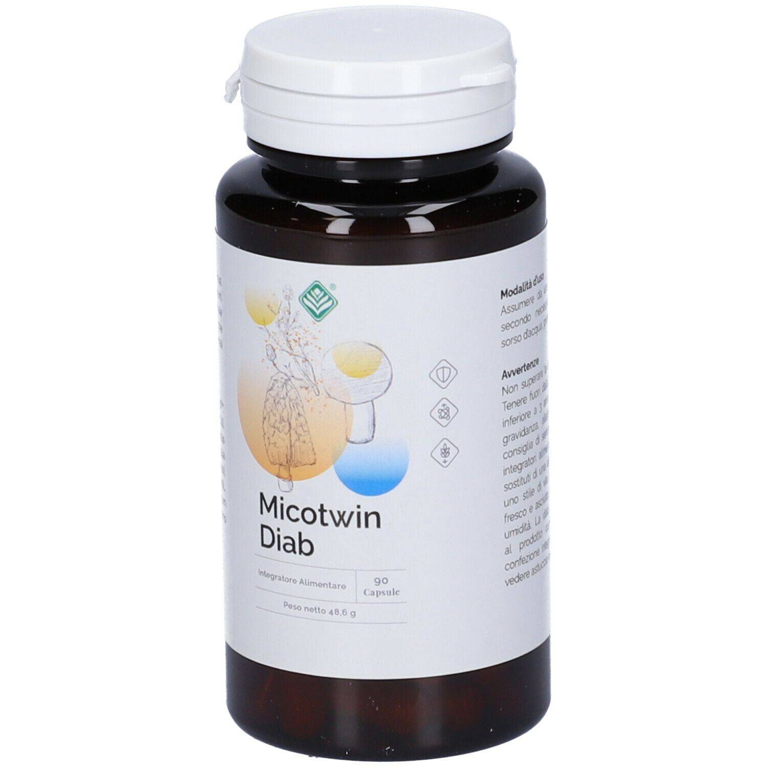 Braune Flasche mit weißem Deckel. Etikett mit Produktnamen Micotwin Diab und Inhaltsangaben. 90 Kapseln.