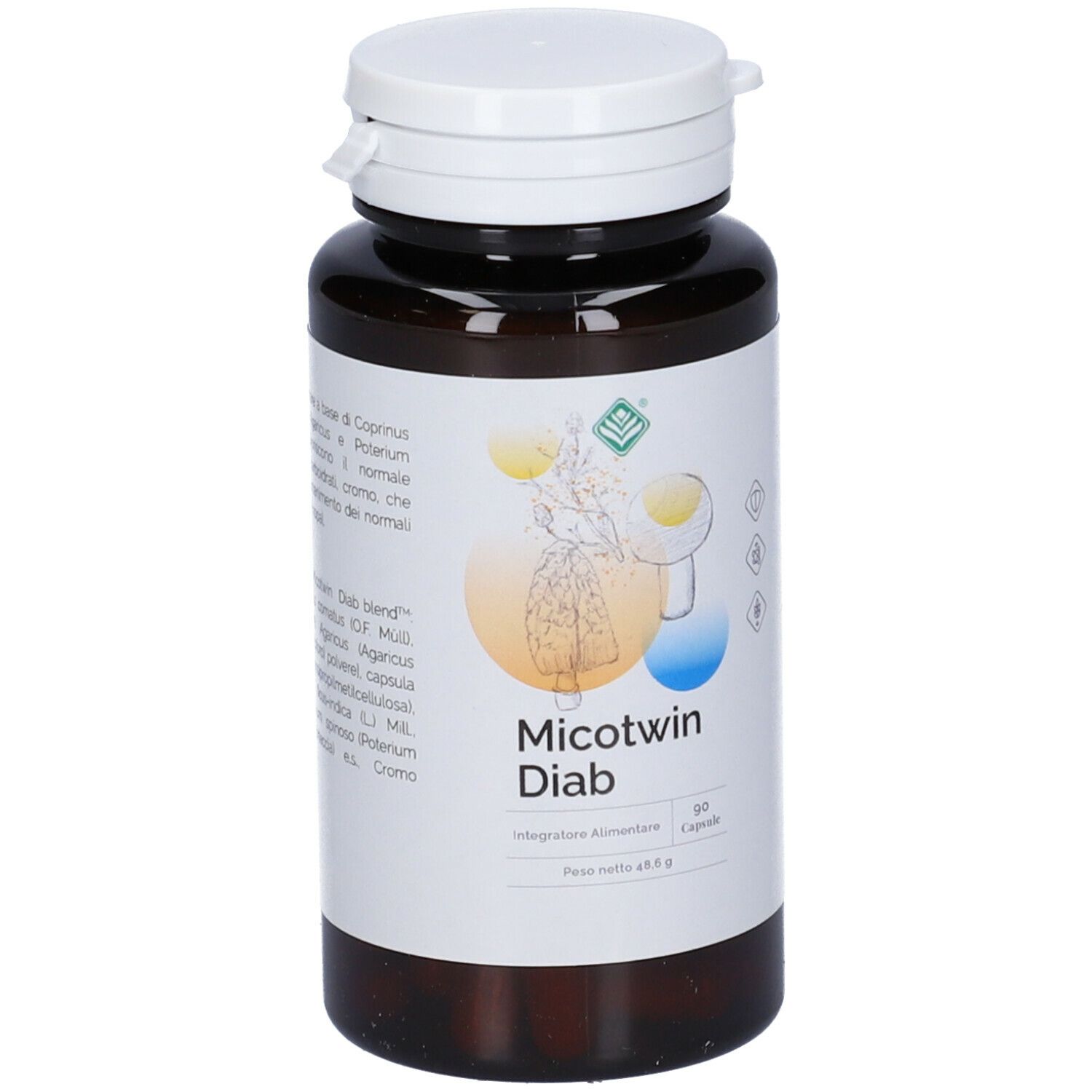 Braune Flasche mit weißem Deckel. Etikett mit Produktnamen Micotwin Diab und Inhaltsangaben. 90 Kapseln.