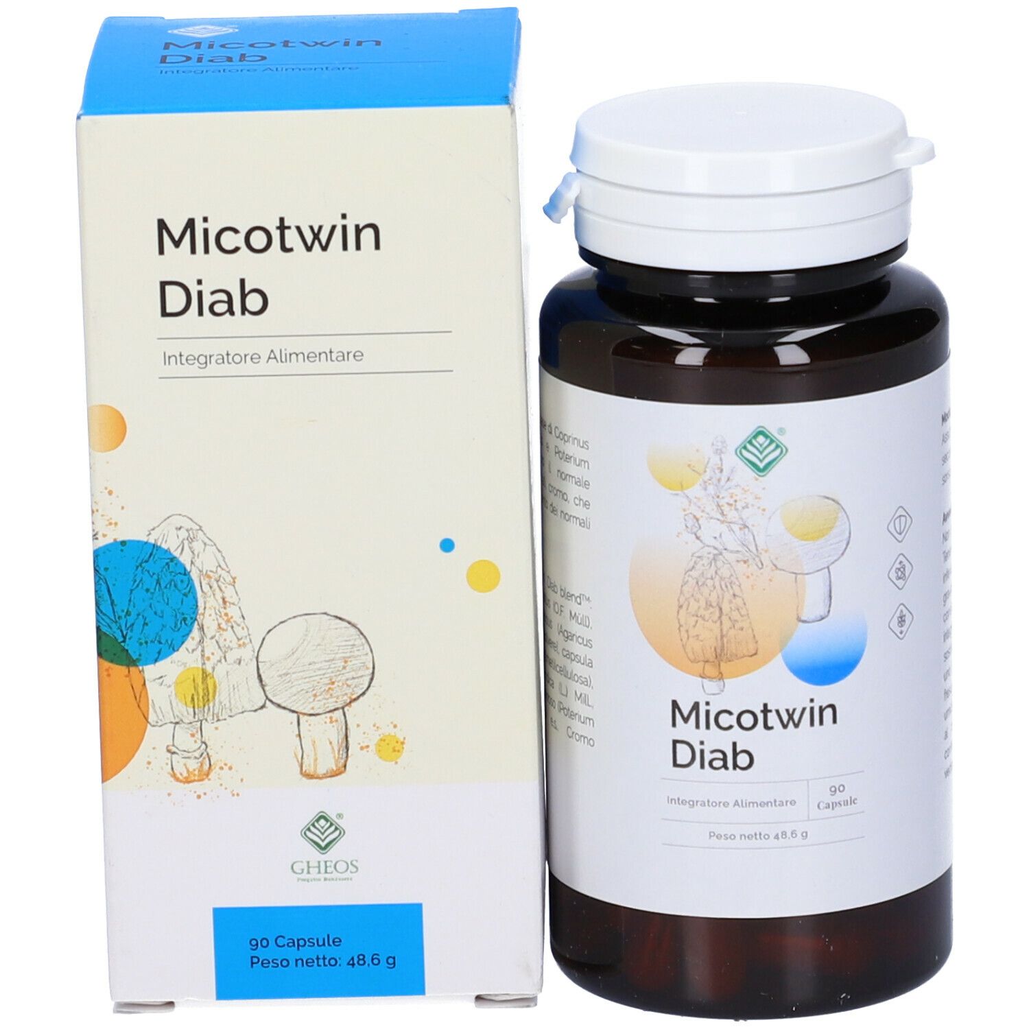 Produktpackung und Flasche. Blaue Schachtel mit Produktnamen Micotwin Diab. Braune Flasche mit weißem Deckel.