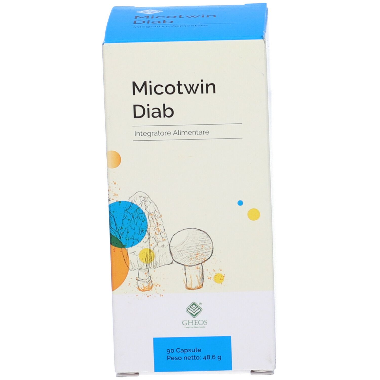 Blaue Schachtel mit Produktnamen Micotwin Diab. Enthält 90 Kapseln. Gewicht 48,6 g.