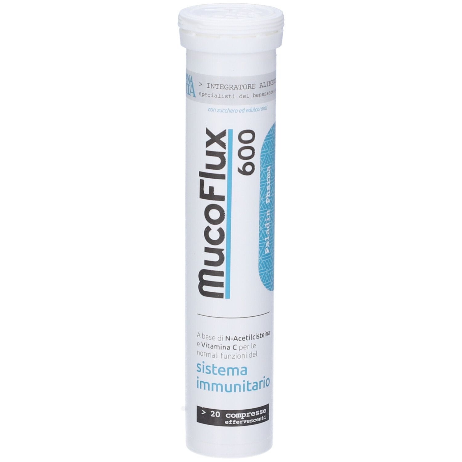 Weiße Tube mit Sanavita Mucoflux 600. Blaue und weiße Beschriftung. Enthält über 20 Brausetabletten.