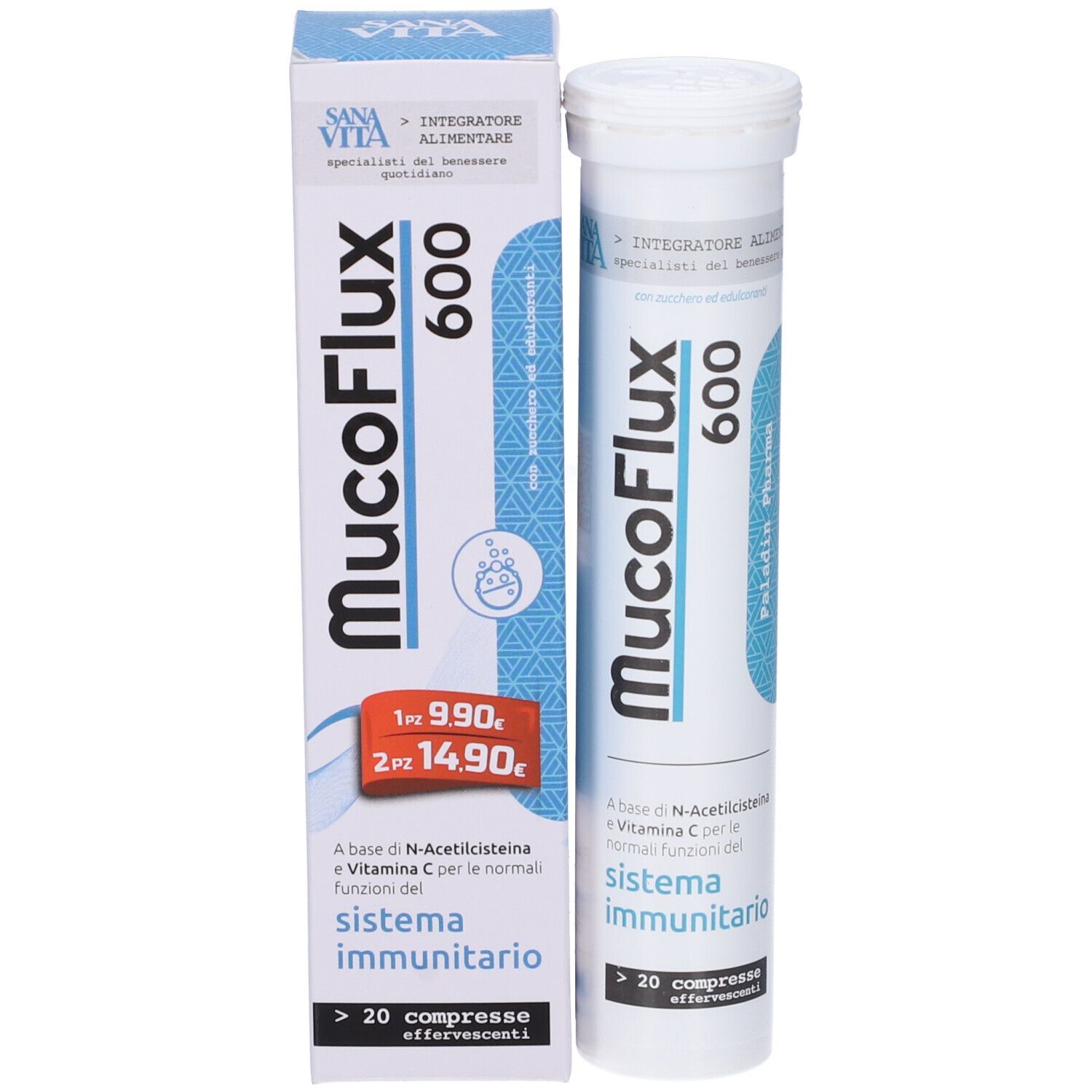 Sanavita Mucoflux 600 Packung und Tube. Weiße Verpackung mit blauer Beschriftung. Enthält über 20 Brausetabletten.