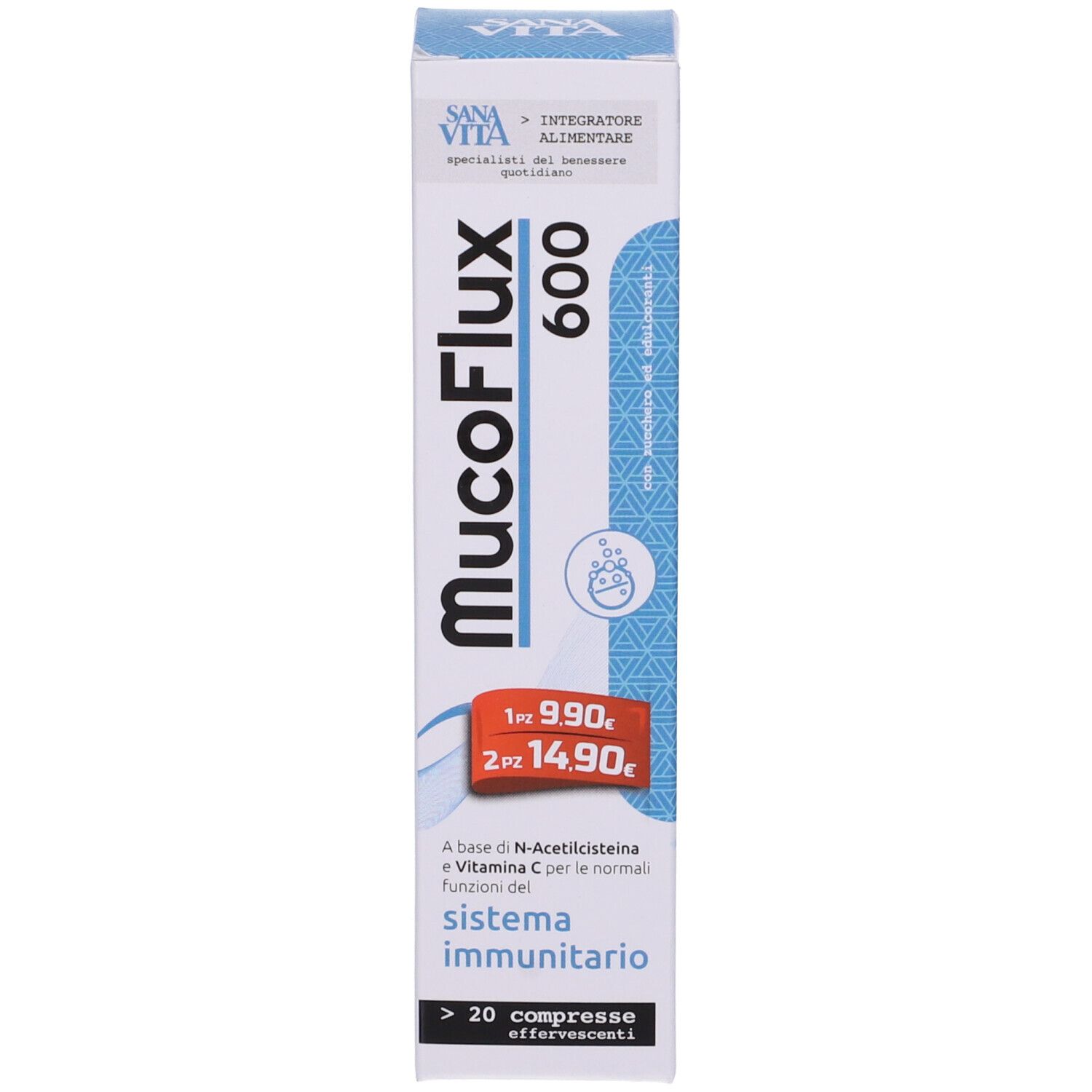 Sanavita Mucoflux 600 Packung. Weiße Verpackung mit blauer Beschriftung. Enthält über 20 Brausetabletten.