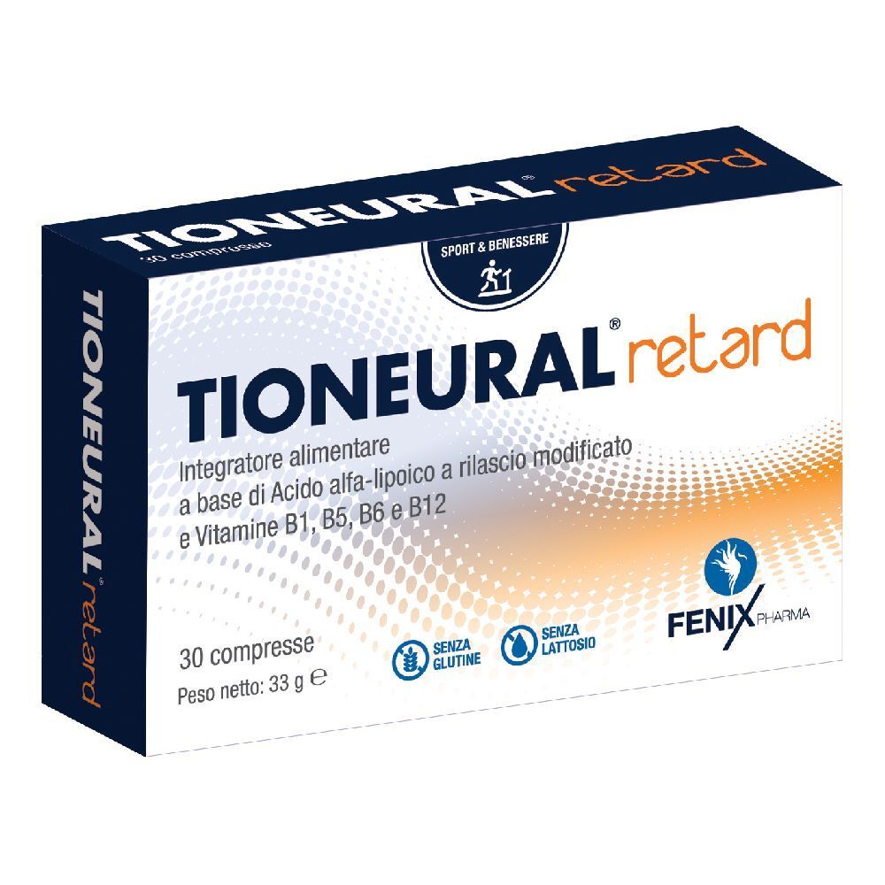 Schachtel mit "Tioneural retard". Aufschrift: 30 Tabletten, glutenfrei, laktosefrei. Marke: Fenix Pharma.