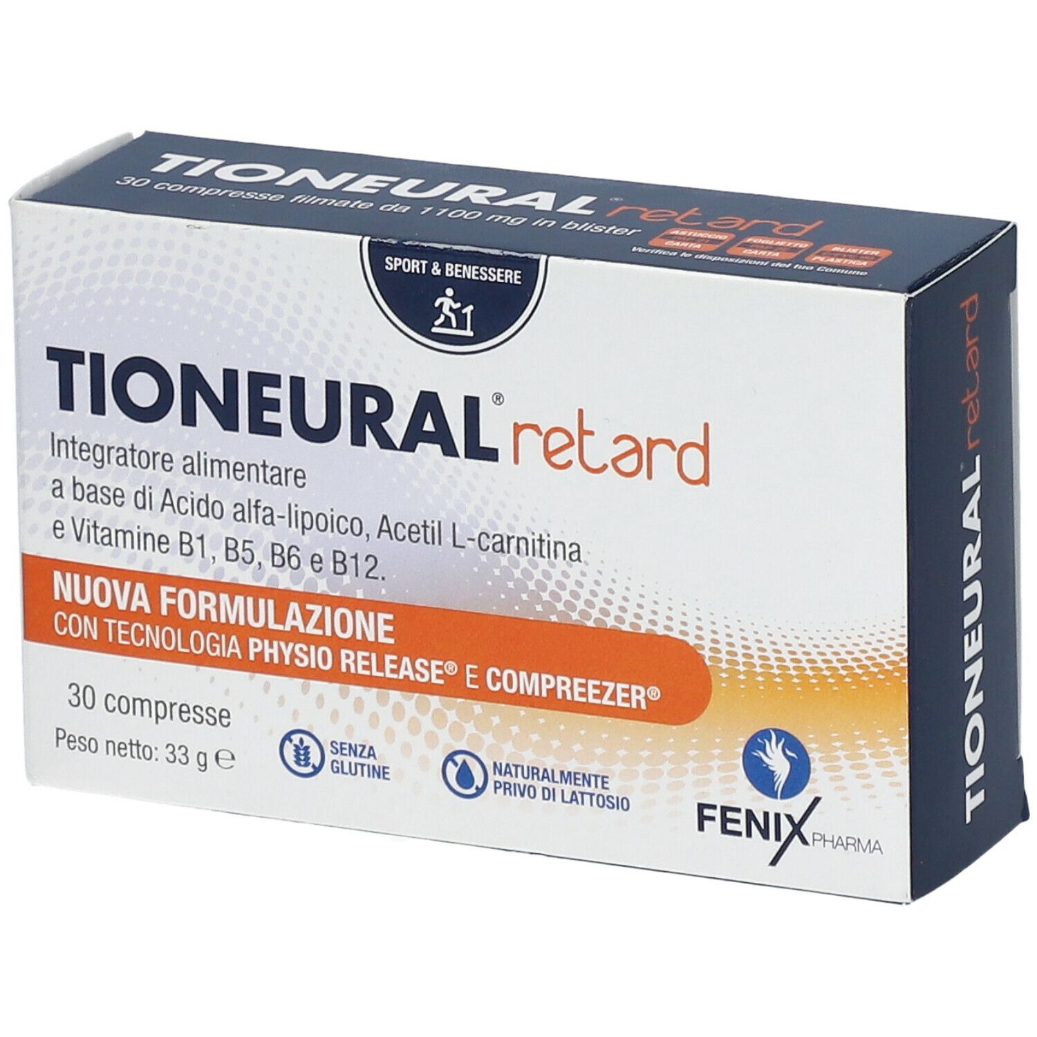 Schachtel "Tioneural retard". Aufschrift: 30 Filmtabletten, 1100 mg im Blister. Ohne Gluten und Laktose. Marke: Fenix Pharma.