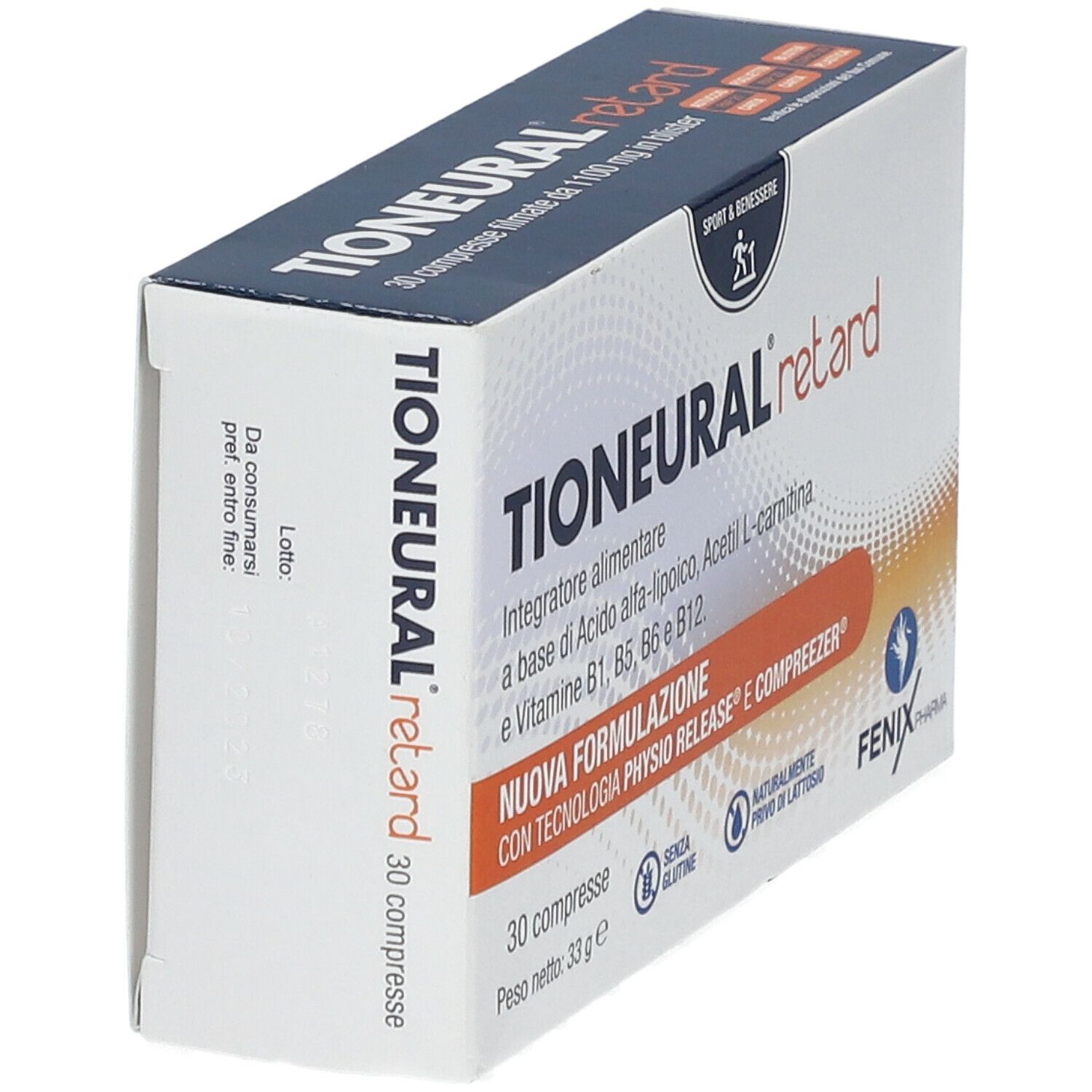 Schachtel "Tioneural retard". Aufschrift: 30 Tabletten. Ohne Gluten und Laktose. Marke: Fenix Pharma. Seitenansicht.