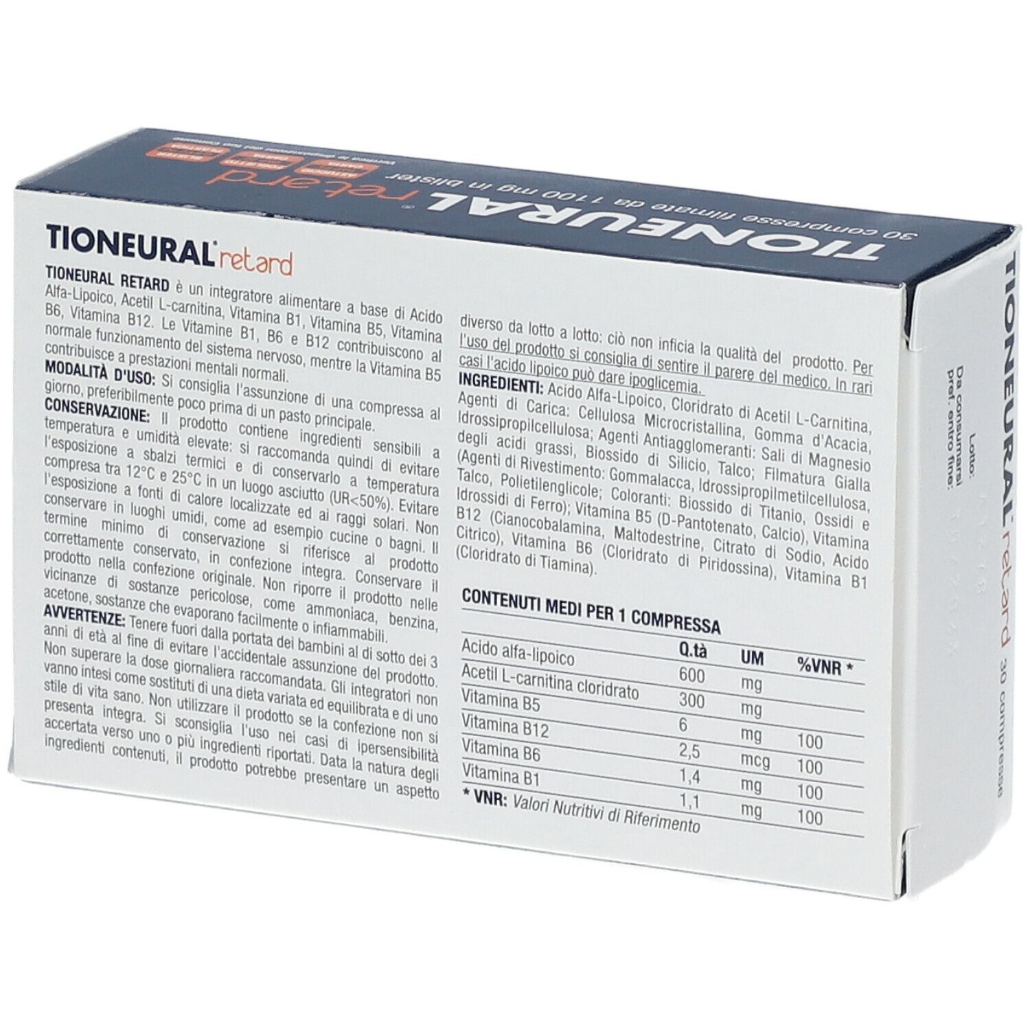 Rückseite der Schachtel "Tioneural retard". Text mit Inhaltsstoffen und Nährwertangaben. Marke: Fenix Pharma.