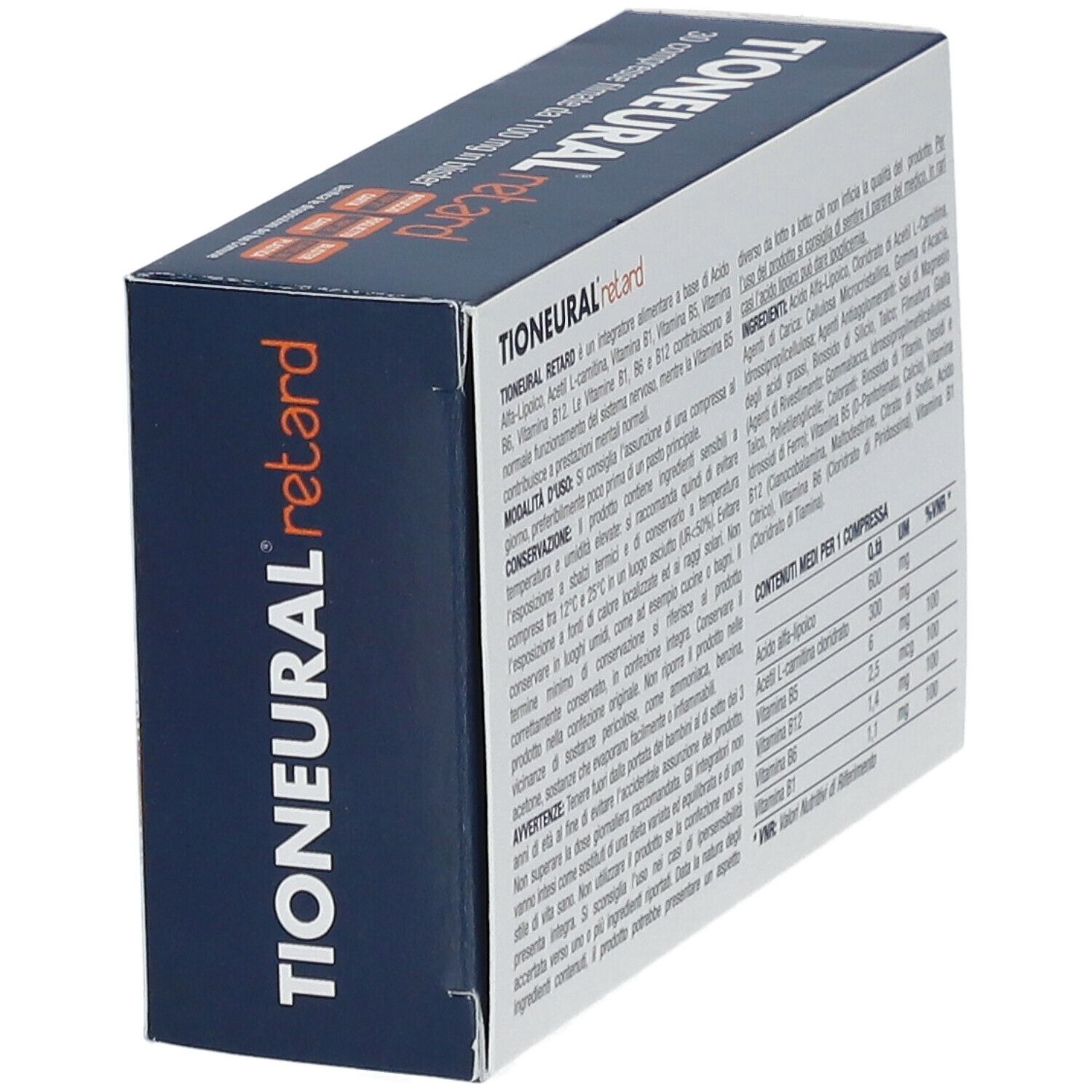 Seitenansicht der Schachtel "Tioneural retard". Text mit Inhaltsstoffen und Nährwertangaben. Marke: Fenix Pharma.