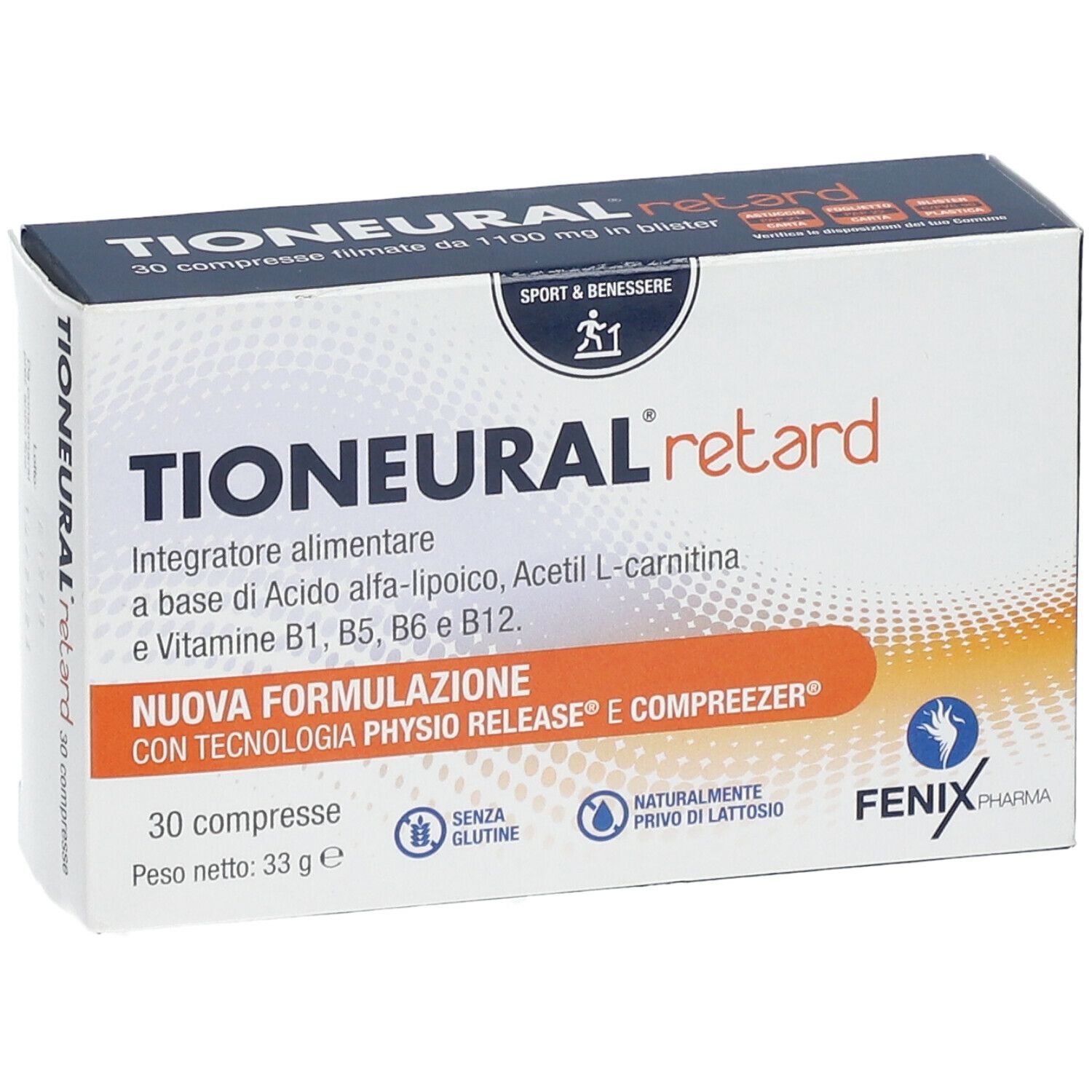 Schachtel "Tioneural retard". Aufschrift: 30 Filmtabletten, 1100 mg im Blister. Ohne Gluten und Laktose. Marke: Fenix Pharma.
