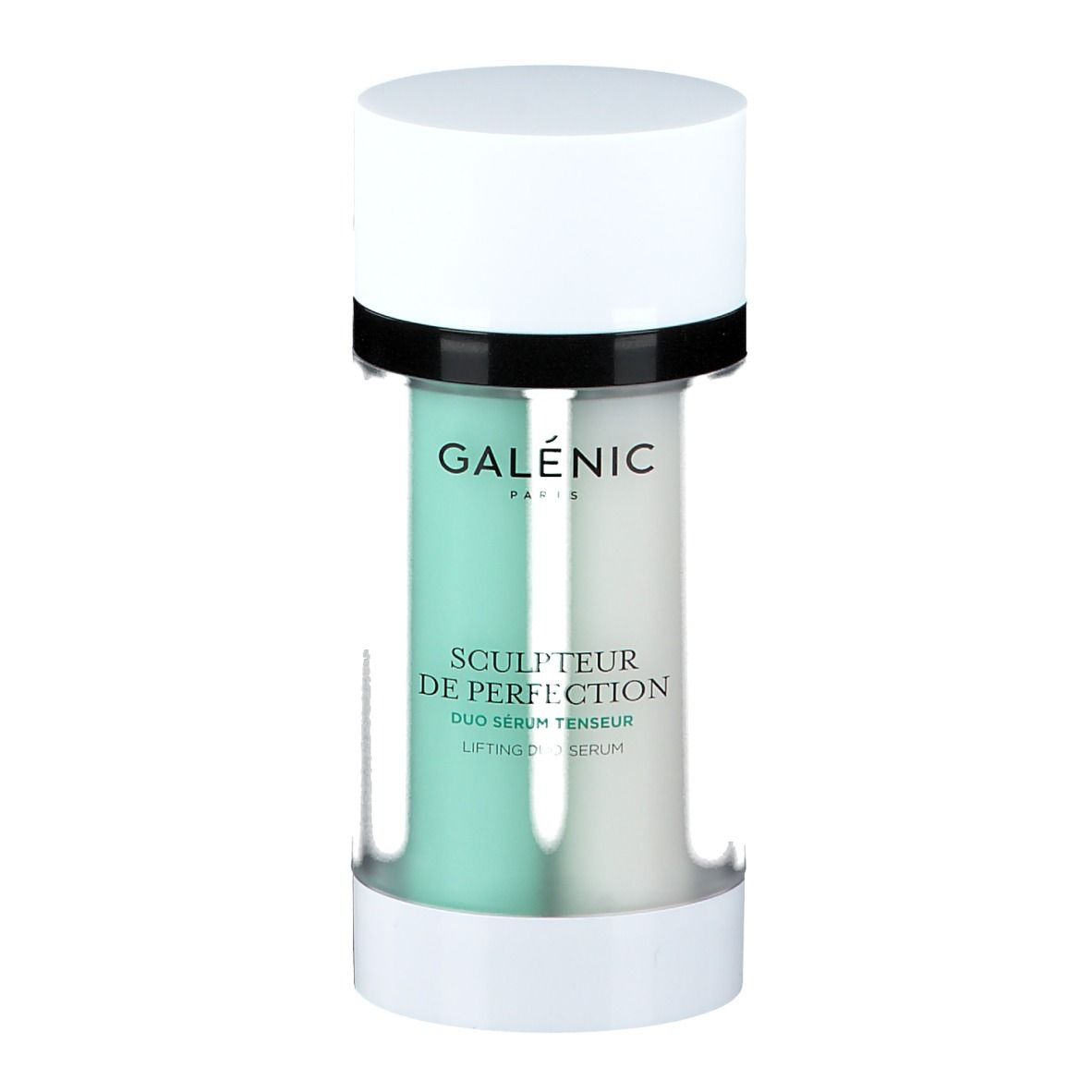 Flacon de sérum double. Bouchon blanc, anneau noir. Deux compartiments : vert et blanc. Texte : GALENIC, SCULPTEUR DE PERFECTION, DUO SERUM TENSEUR.