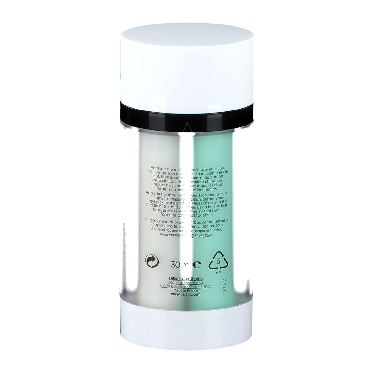 Dos du flacon de sérum. Deux compartiments : vert et blanc. Texte et symboles. 30 ml. Logo GALENIC. Instructions multilingues.
