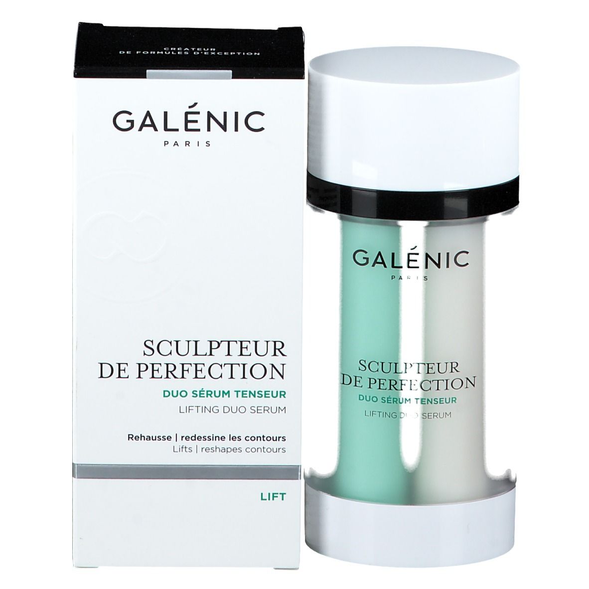 Emballage du produit et flacon de sérum. Emballage : blanc, noir. Texte : GALENIC, SCULPTEUR DE PERFECTION, DUO SERUM TENSEUR. Flacon : vert, blanc.