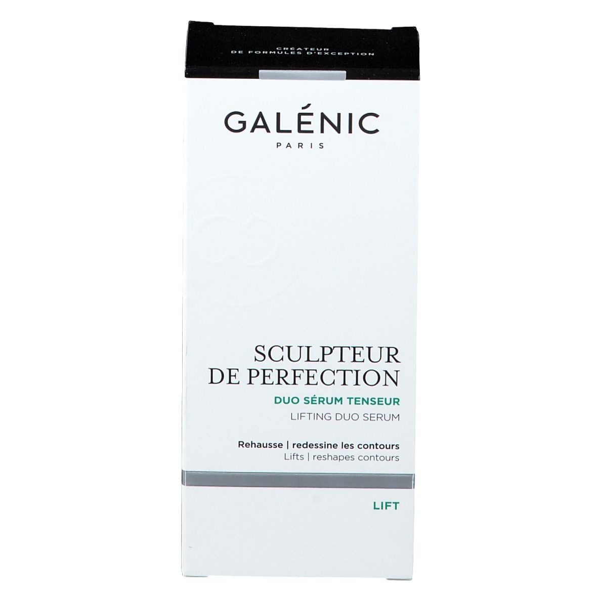 Emballage du produit. Blanc, noir. Texte : GALENIC, SCULPTEUR DE PERFECTION, DUO SERUM TENSEUR. Symbole Lift.