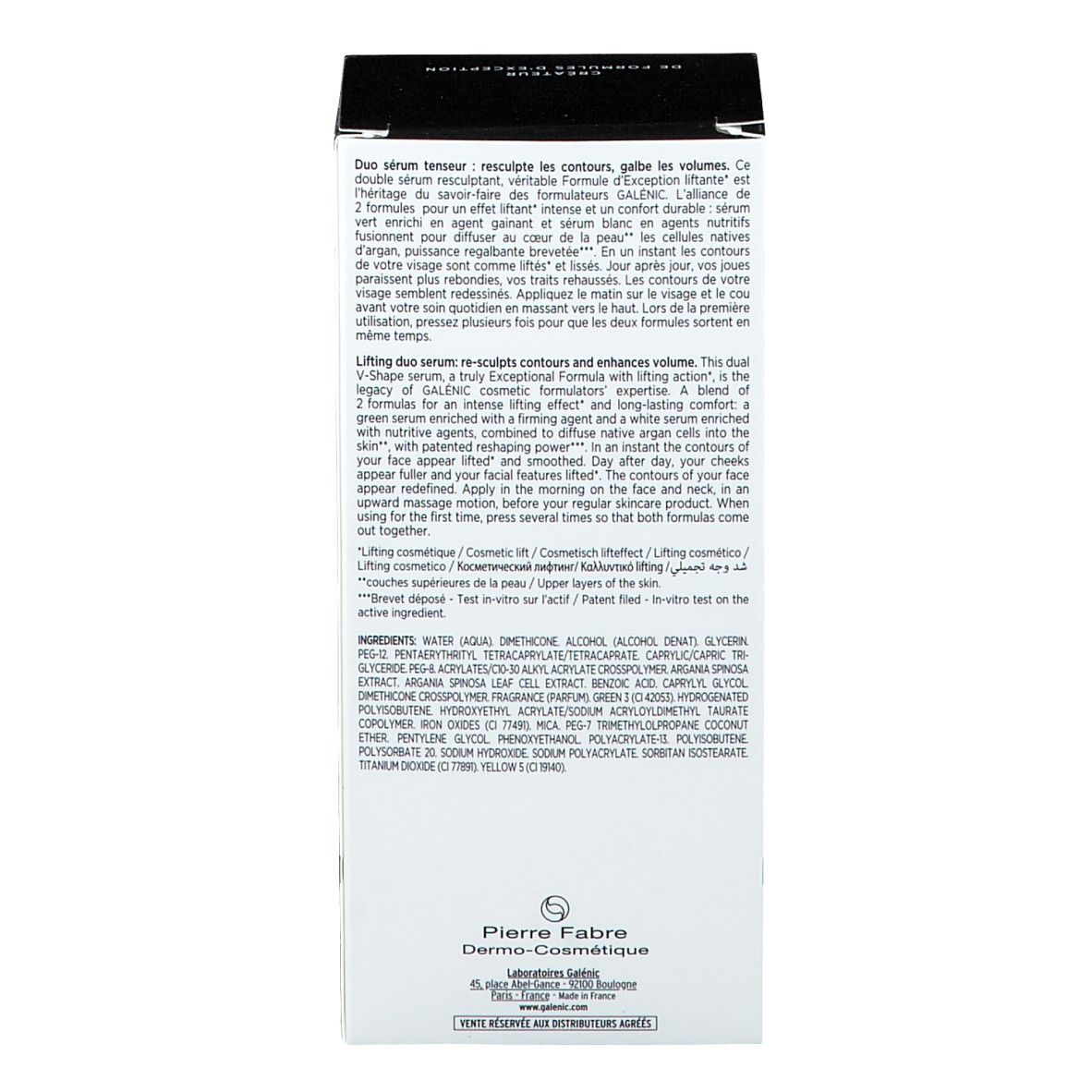 Emballage du produit, texte multilingue. Contient des informations sur le produit et des ingrédients. Couvercle noir.