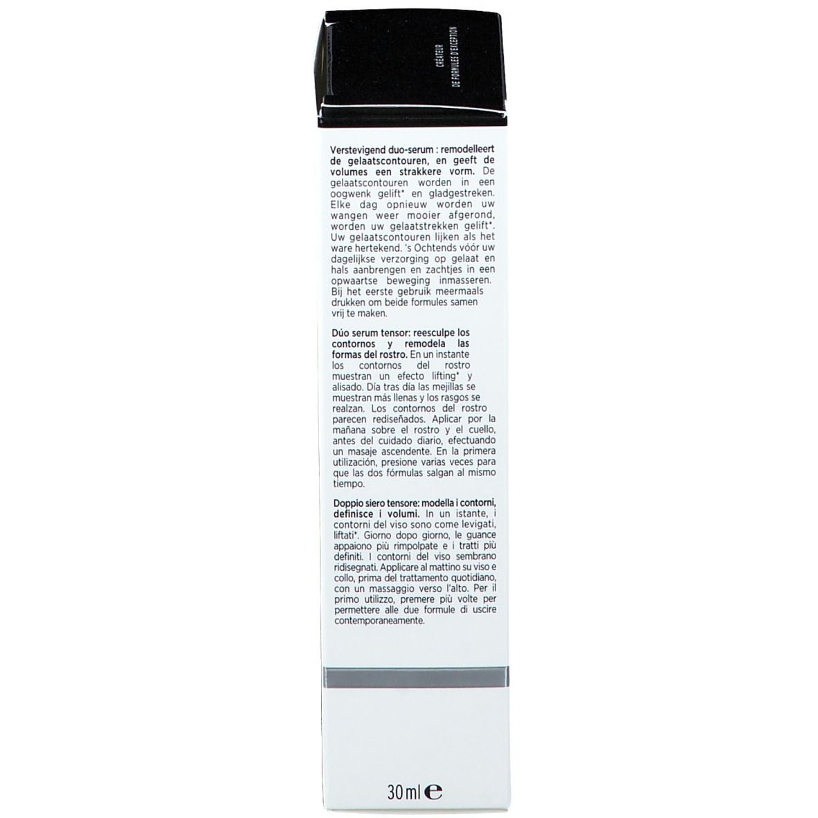 Dos de l'emballage du produit. Texte multilingue. Contient des informations sur le produit. 30 ml. Couvercle noir.