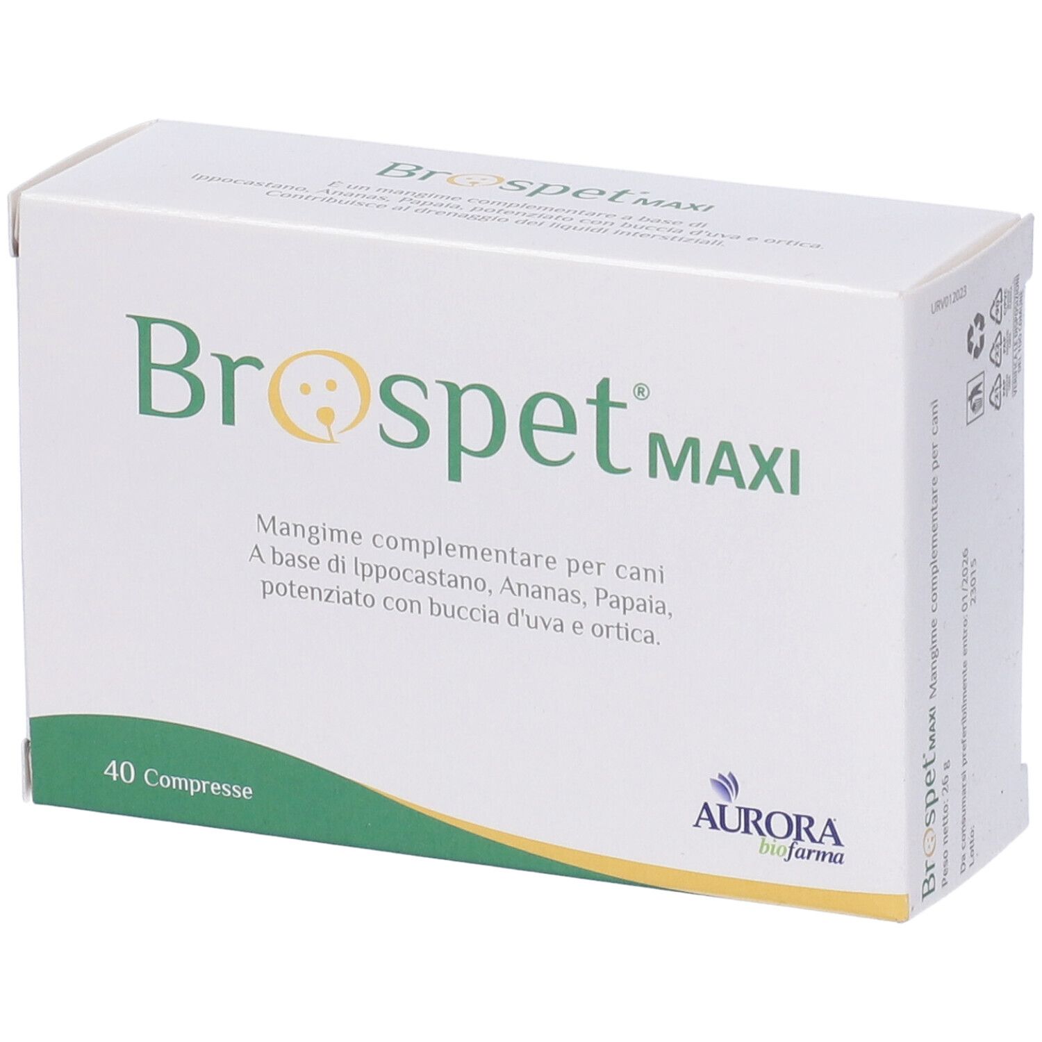 Boîte blanche "Brospet MAXI". Contient 40 comprimés. Logo de chien. Marque: Aurora biofarma.