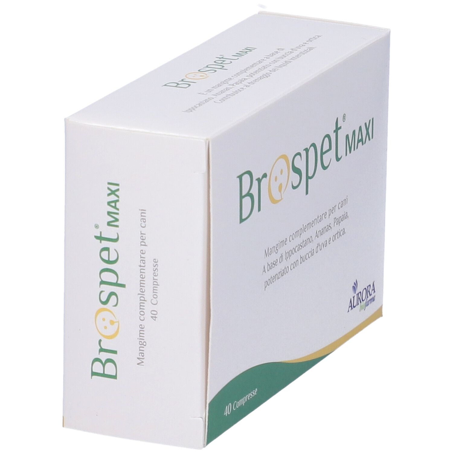 Boîte "Brospet MAXI" en biais. Logo et texte visibles. Marque: Aurora biofarma.