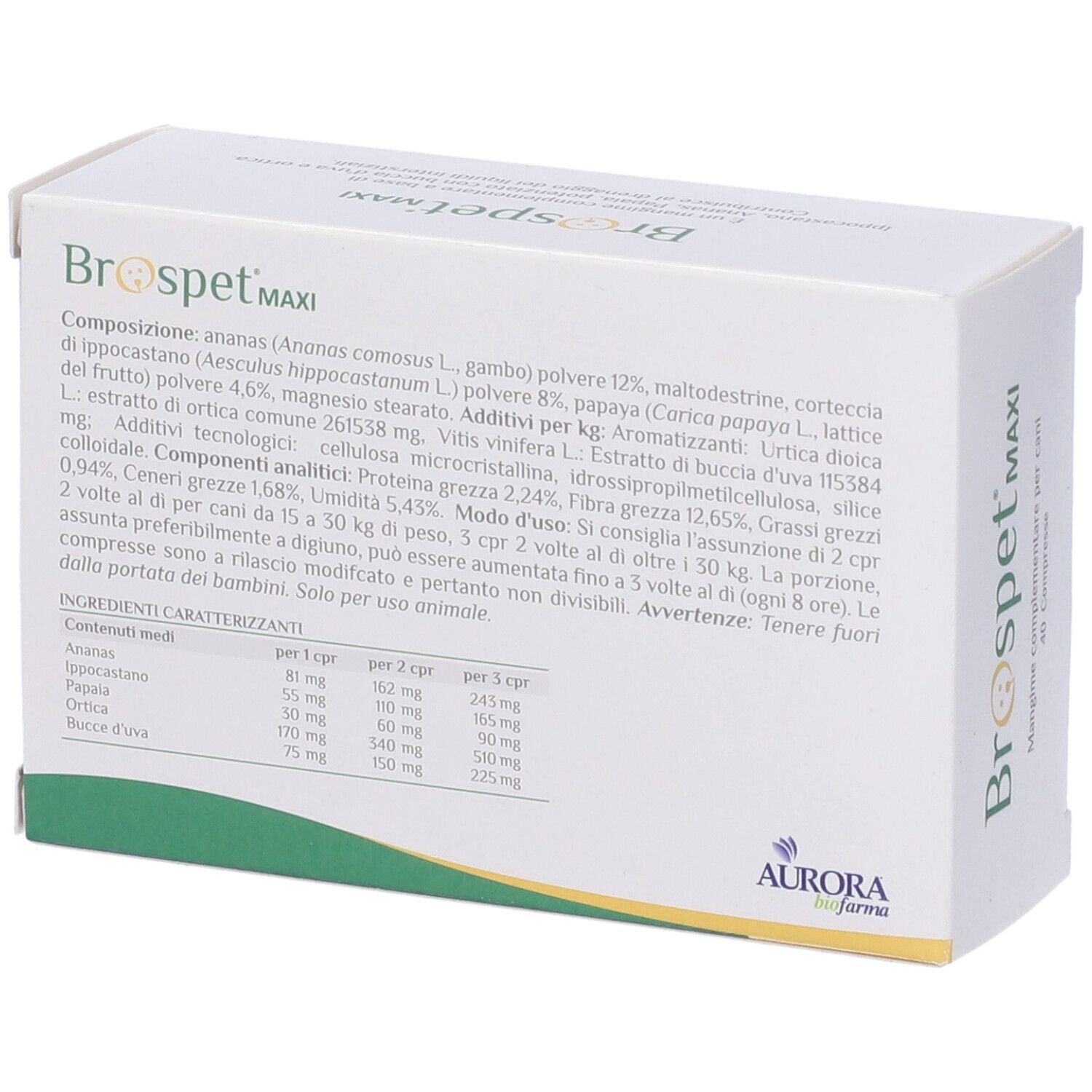 Dos de la boîte "Brospet MAXI". Texte avec ingrédients et informations nutritionnelles. Marque: Aurora biofarma.