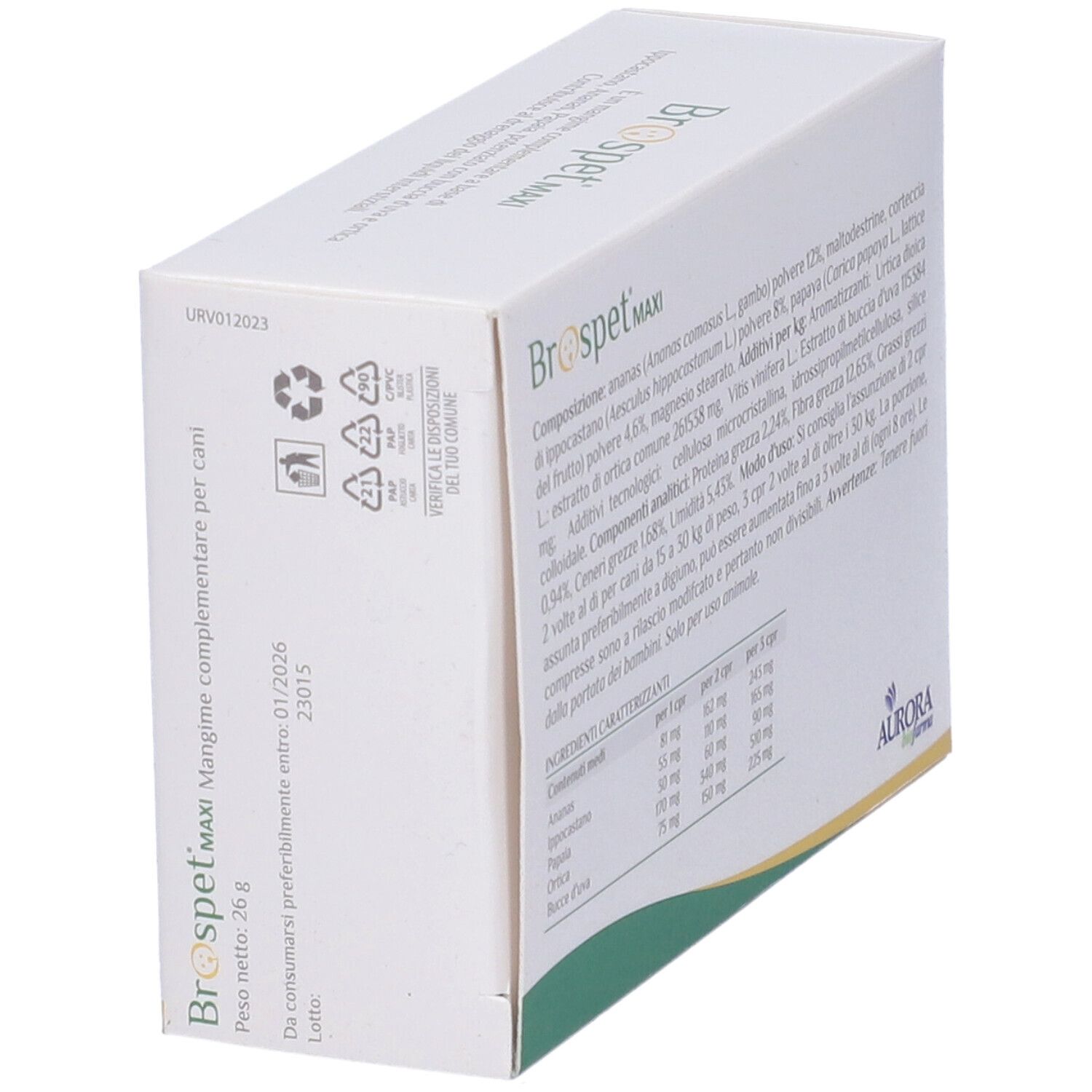 Boîte "Brospet MAXI" avec texte et ingrédients. Poids: 26g. Marque: Aurora biofarma.