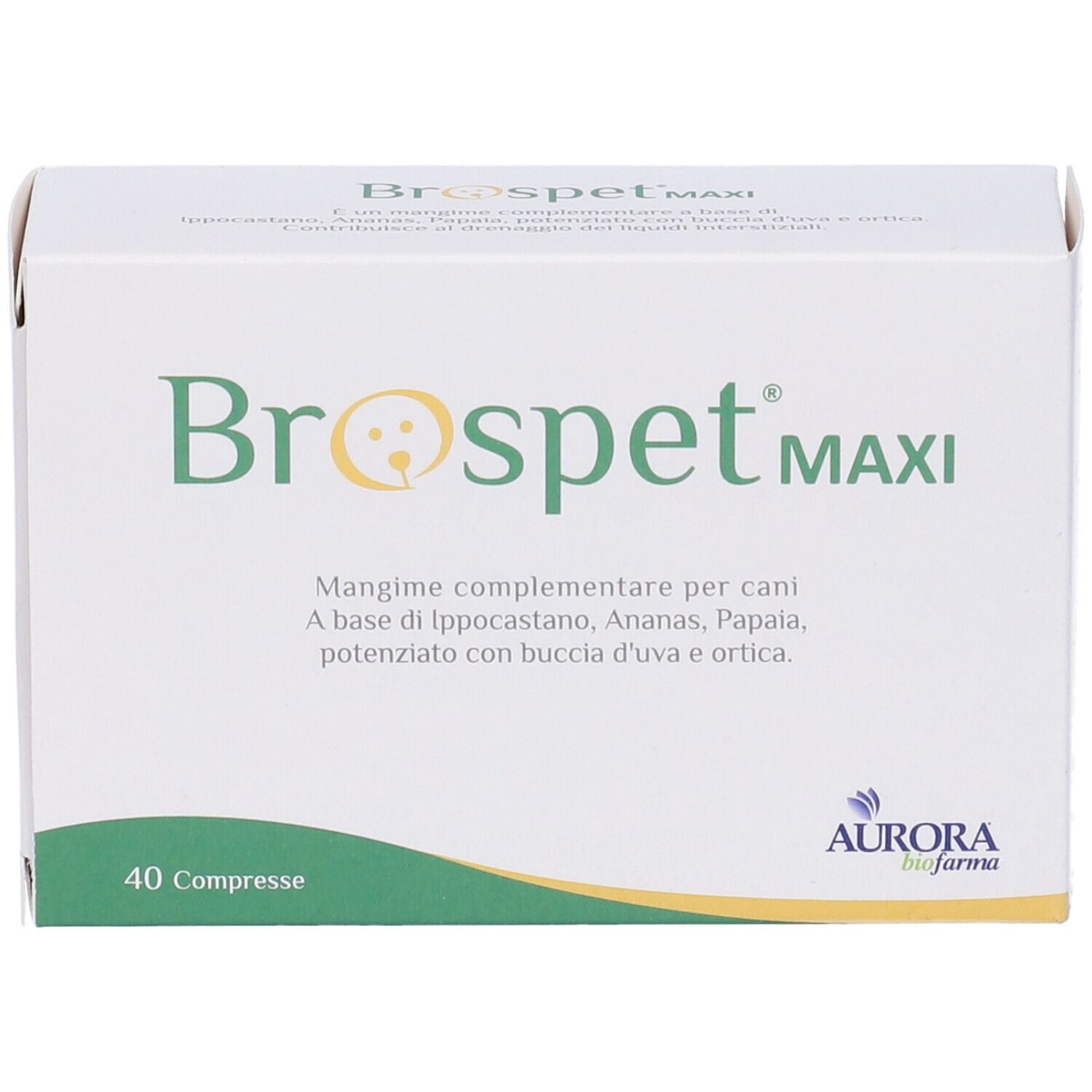 Boîte blanche "Brospet MAXI" avec logo et texte. Contient 40 comprimés. Marque: Aurora biofarma.