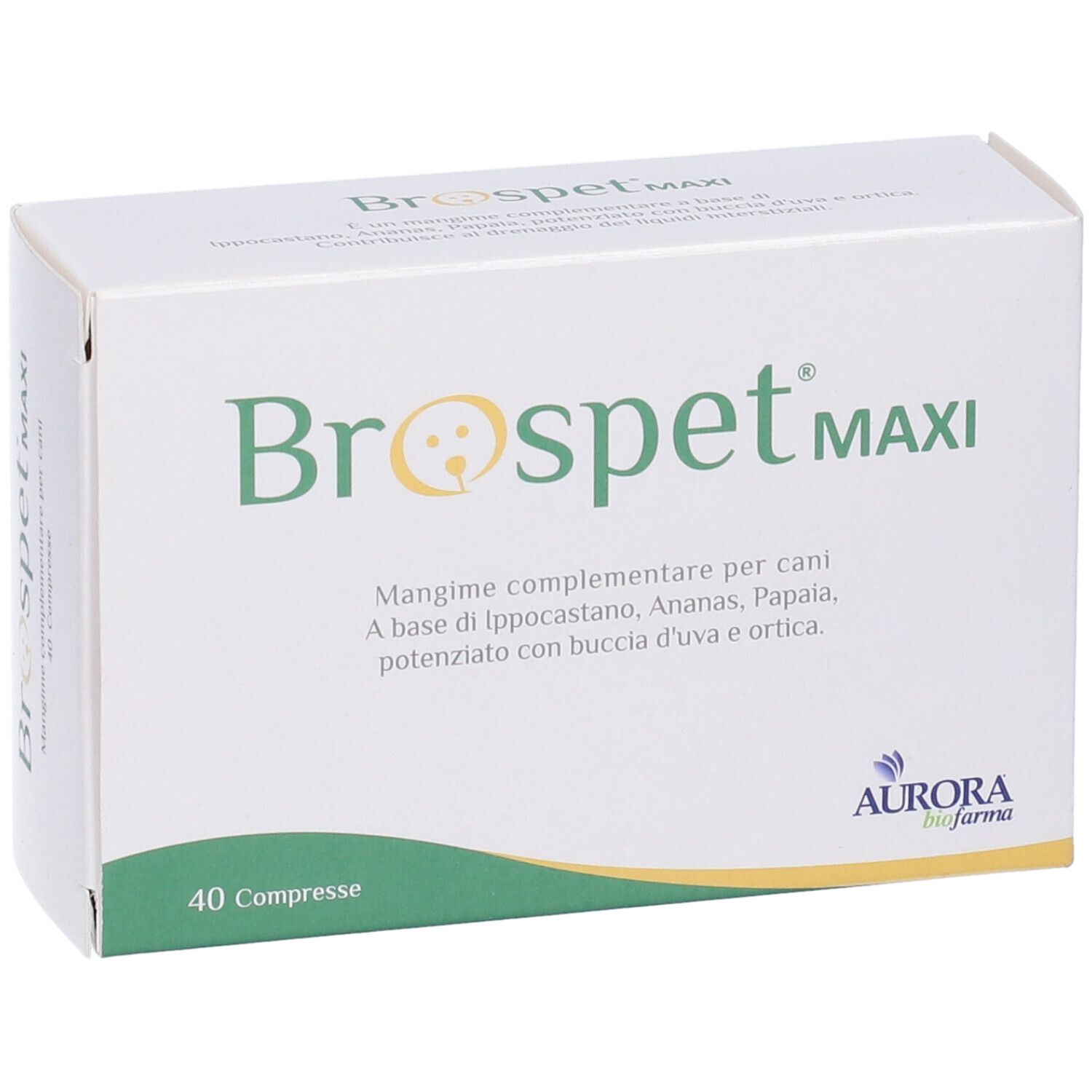 Boîte blanche "Brospet MAXI" avec logo et texte. Contient 40 comprimés. Marque: Aurora biofarma.
