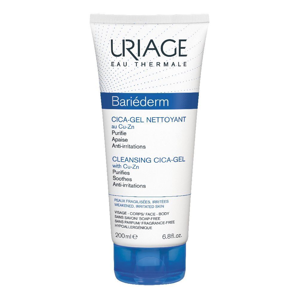 Tube blanc et bleu. Logo URIAGE. Bariéderm Cica-Gel Nettoyant. Texte: Cu-Zn, purifie, apaise, anti-irritations. 200ml.