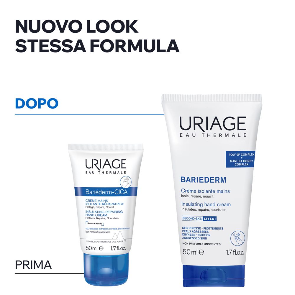 Zwei Uriage BARIEDERM Handcreme-Tuben, eine mit blauem und eine mit weißem Deckel.
