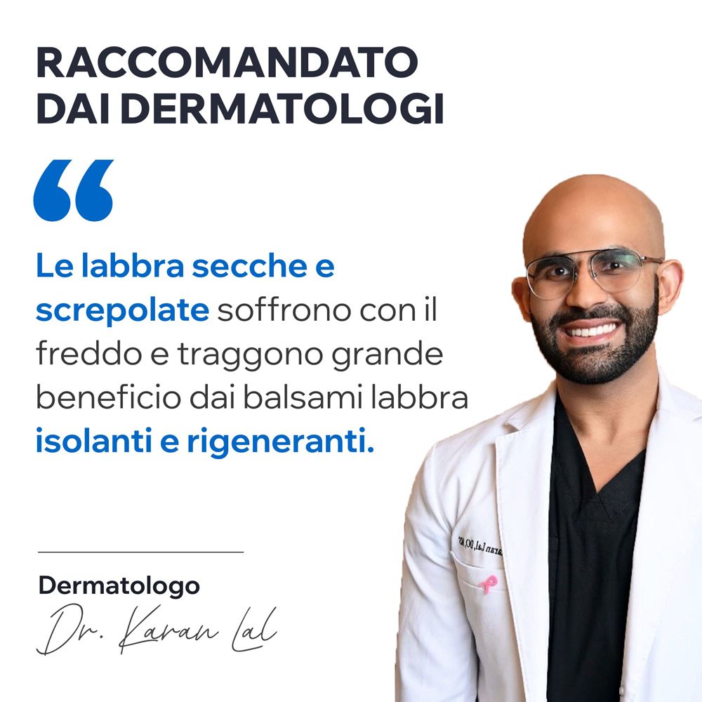 Médecin avec des lunettes. Texte : Dermatologo Dr. Karan Lal. Texte : Le labbra secche e screpolate soffrono... isolanti e rigeneranti.