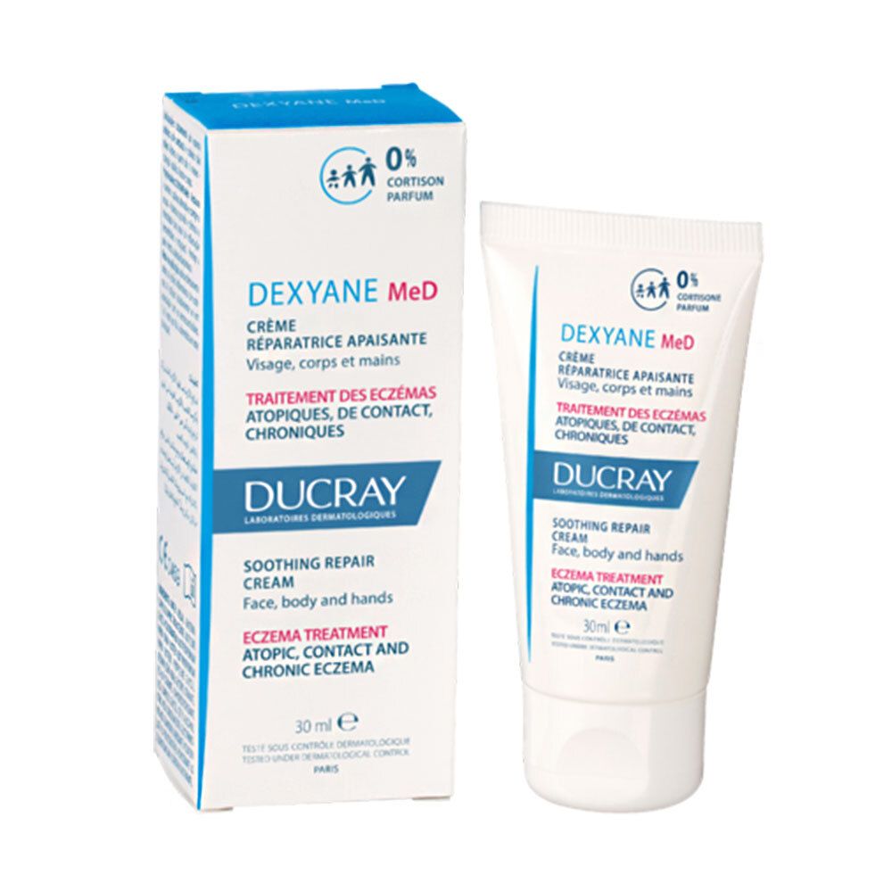 Produktverpackung mit Tube. Weiß und blau. Enthält 0% Cortison. Marke: Ducray. Für Gesicht, Körper und Hände.