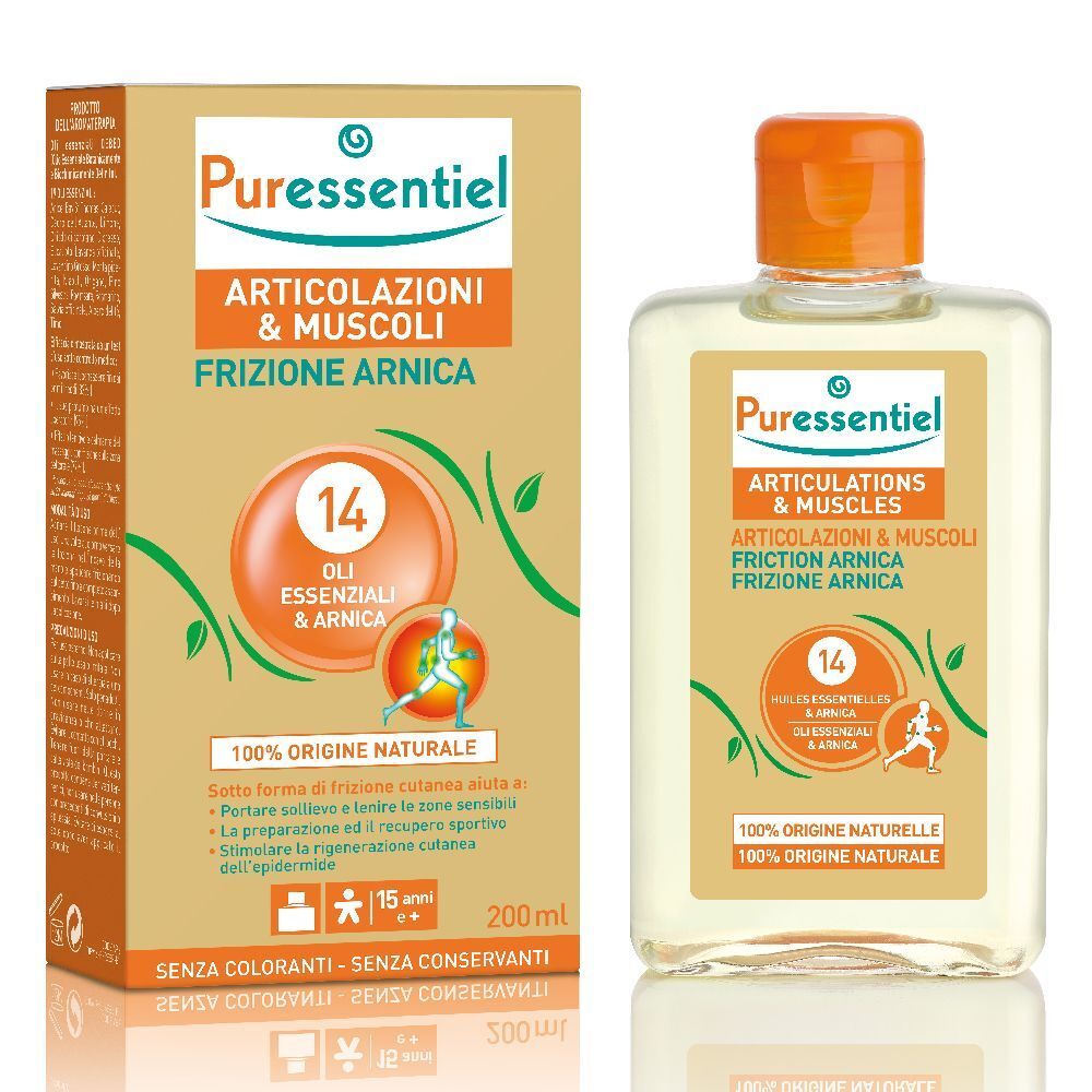 Puressentiel Gelenke & Muskeln Arnika-Kupplung. Flasche und Verpackung. Orangefarbener Deckel. 14 Öle und Arnika.