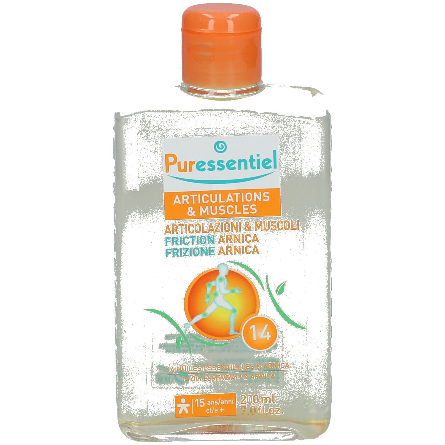 Puressentiel Gelenke & Muskeln Arnika-Kupplung. Flasche mit orangefarbenem Deckel. 14 Öle und Arnika.