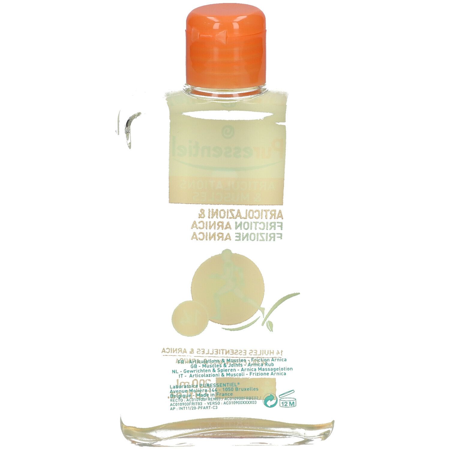 Puressentiel Gelenke & Muskeln Arnika-Kupplung. Flasche mit orangefarbenem Deckel. 14 Öle und Arnika.