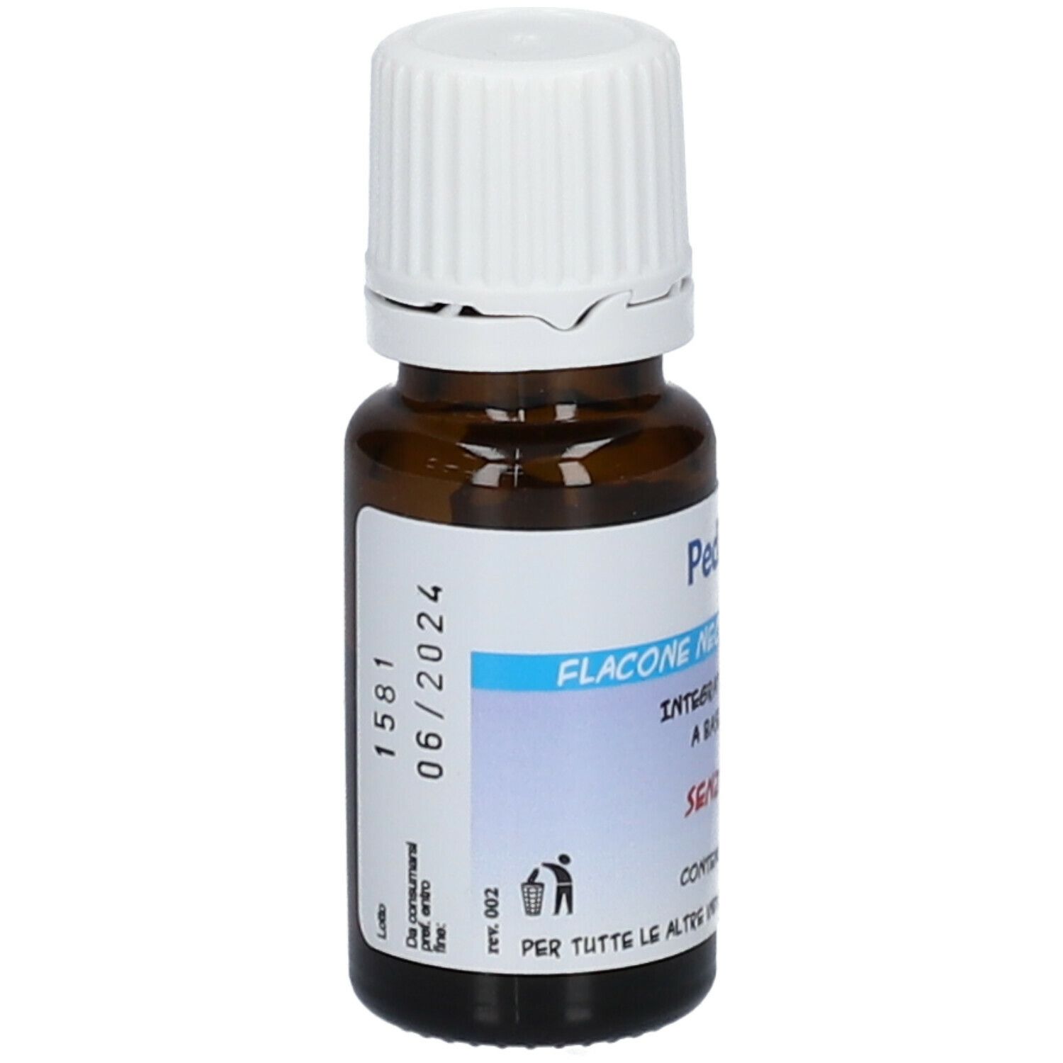 Flacon en verre brun avec bouchon blanc. Étiquette avec nom et texte du produit. Contient 7 ml.