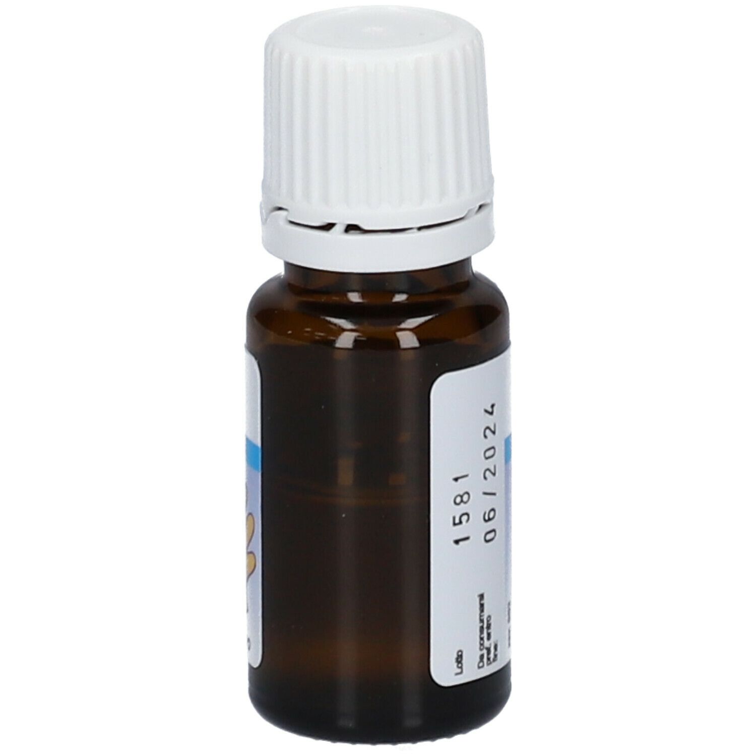 Flacon en verre brun avec bouchon blanc. Étiquette avec nom et texte du produit. Contient 7 ml.