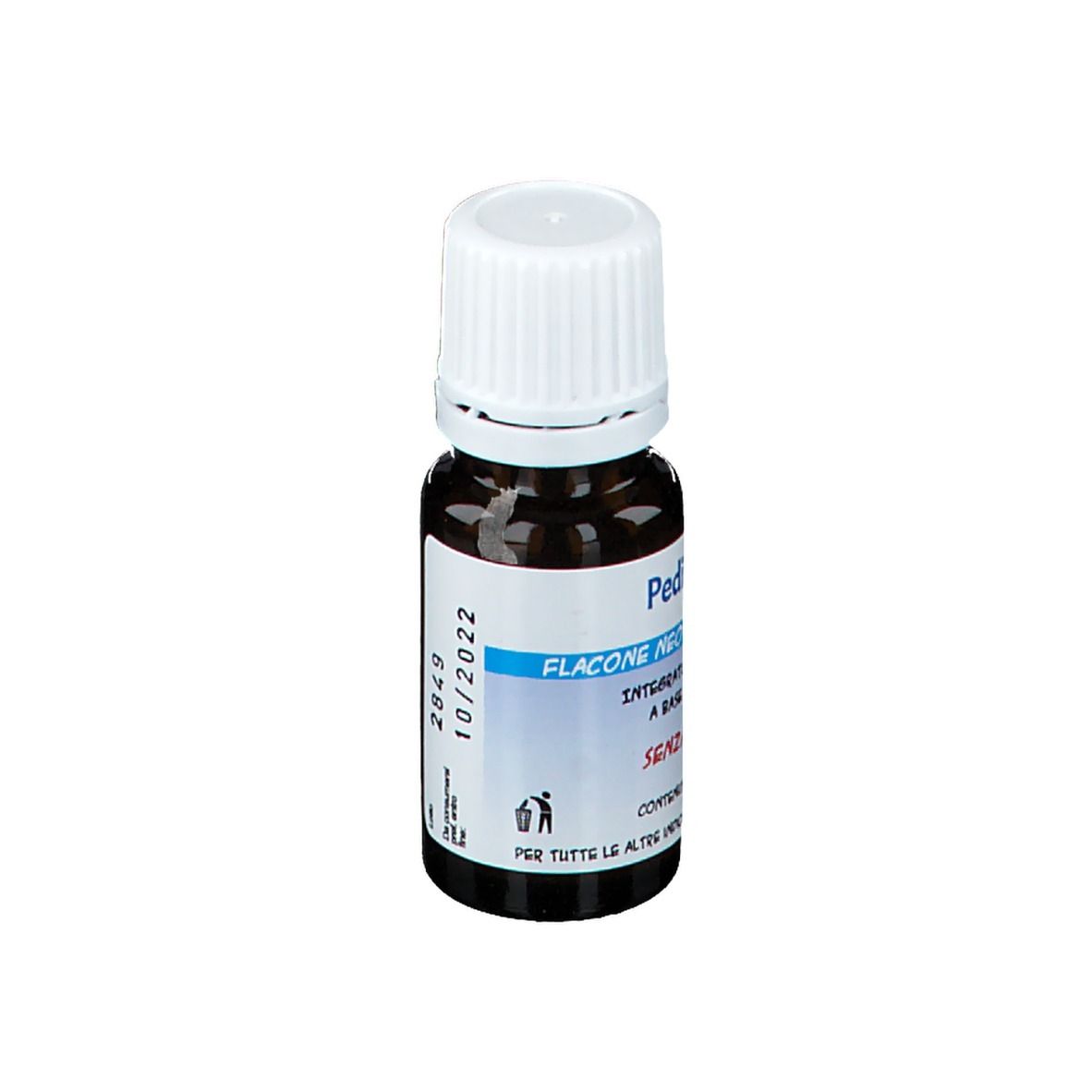Flacon en verre brun avec bouchon blanc. Étiquette avec nom et texte du produit. Contient 7 ml.