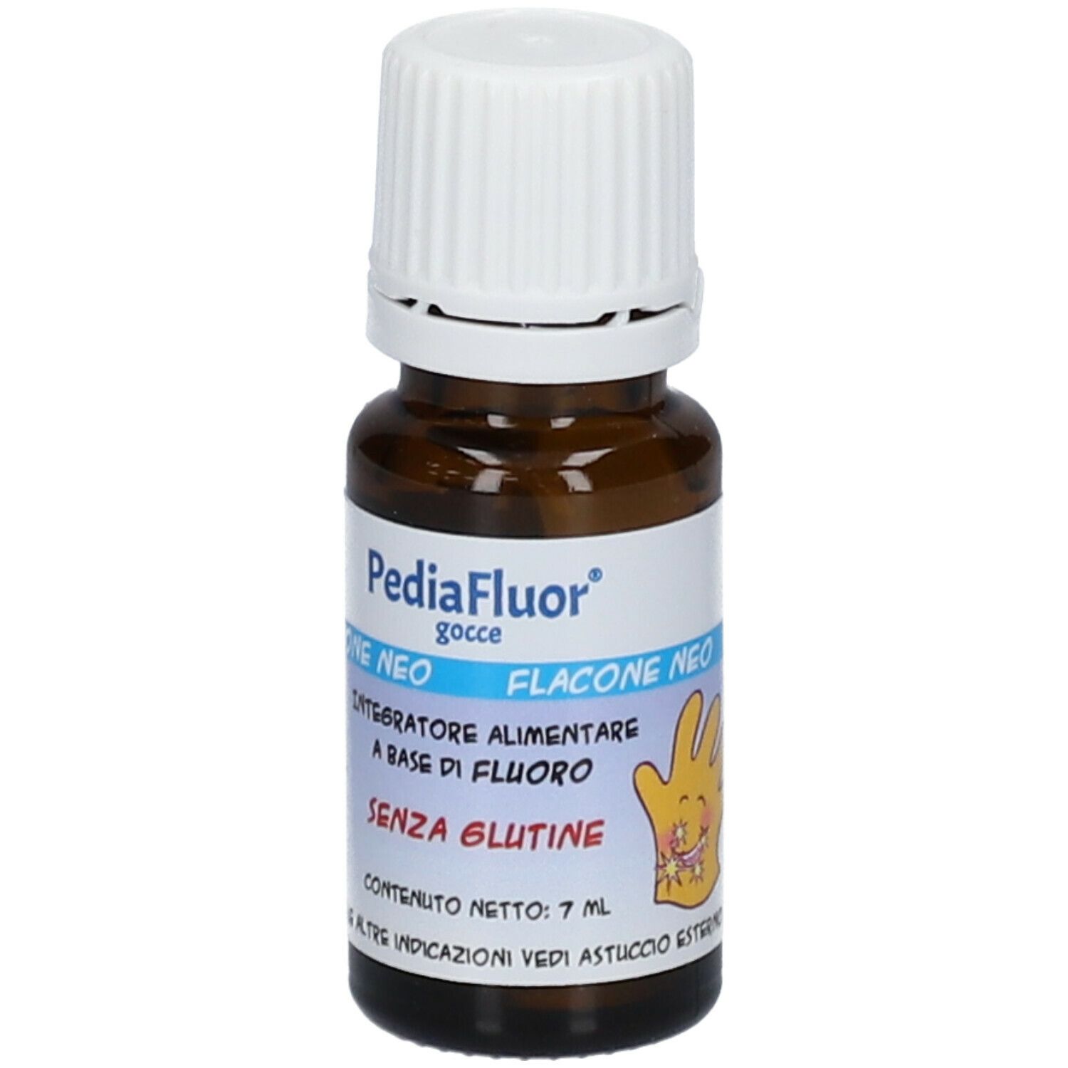 Flacon en verre brun avec bouchon blanc. Étiquette avec nom et texte du produit. Contient 7 ml.
