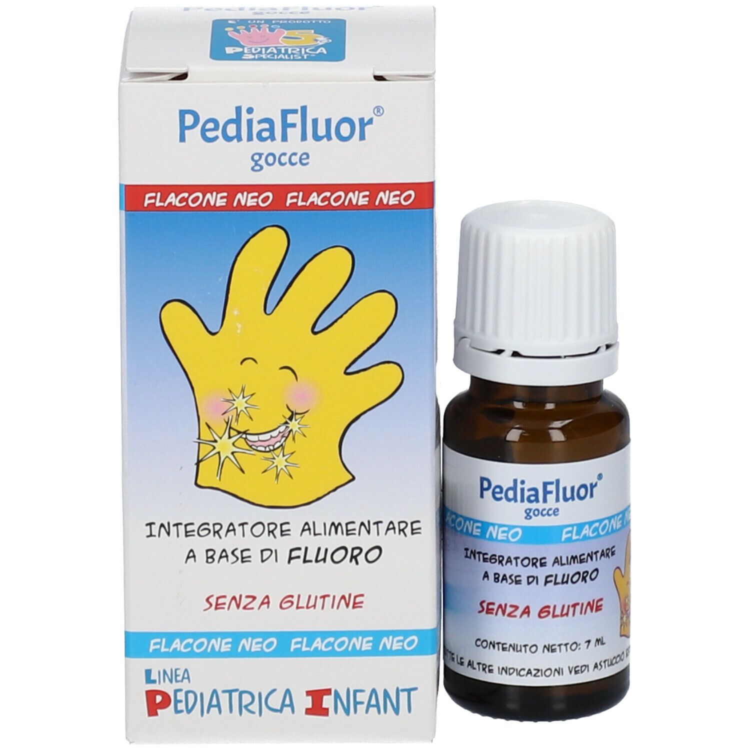 Flacon en verre brun et boîte. Sur la boîte, nom du produit et main jaune. Contient 7 ml.