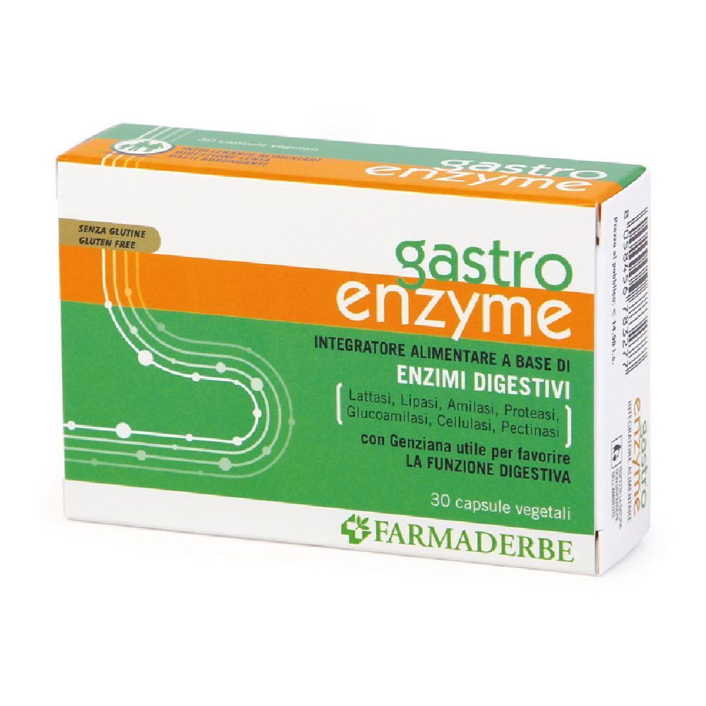Boîte "gastro enzyme". Contient 30 gélules végétales. Marque: Farmaderbe. Sans gluten.