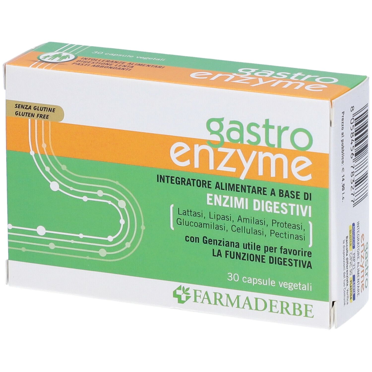 Boîte "gastro enzyme". 30 gélules végétales. Marque: Farmaderbe. Sans gluten. Design vert et orange.
