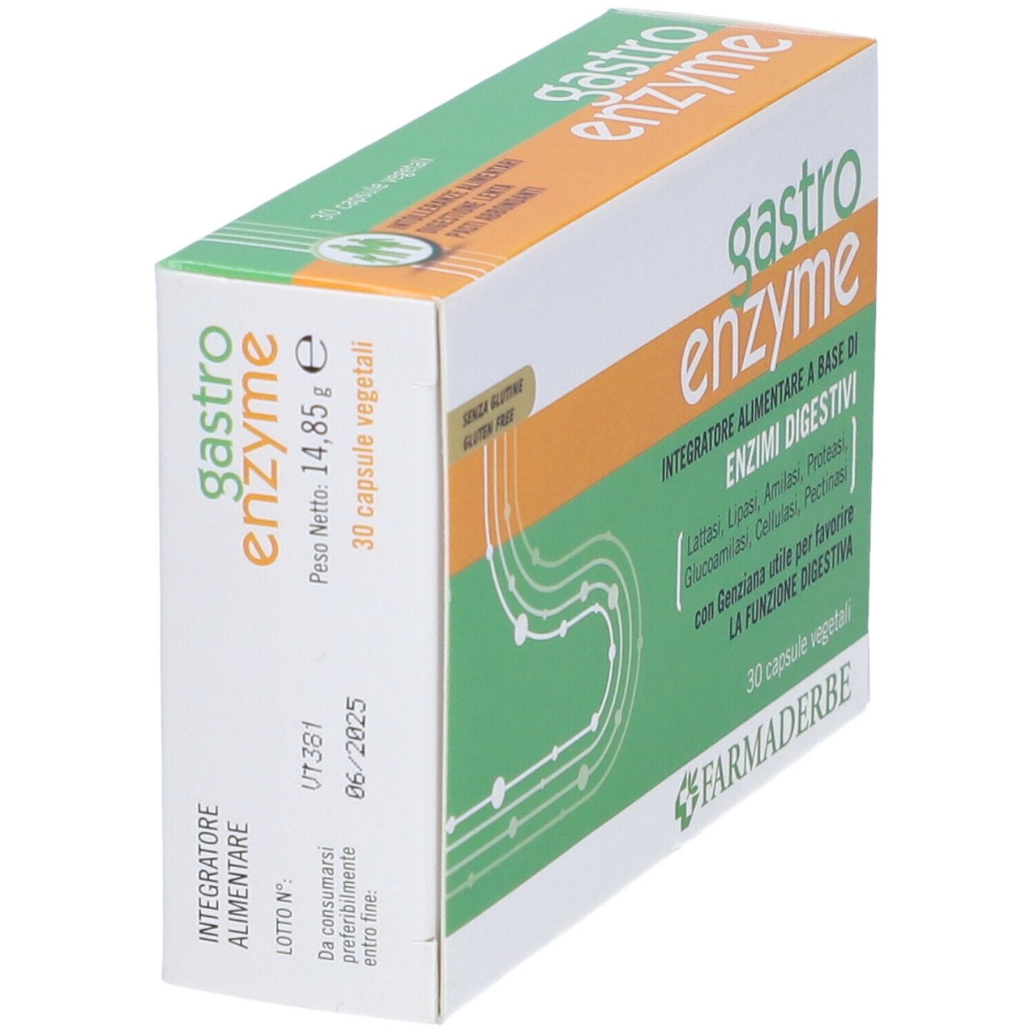 Boîte "gastro enzyme". 30 gélules végétales. Marque: Farmaderbe. Design vert et orange. Vue latérale.