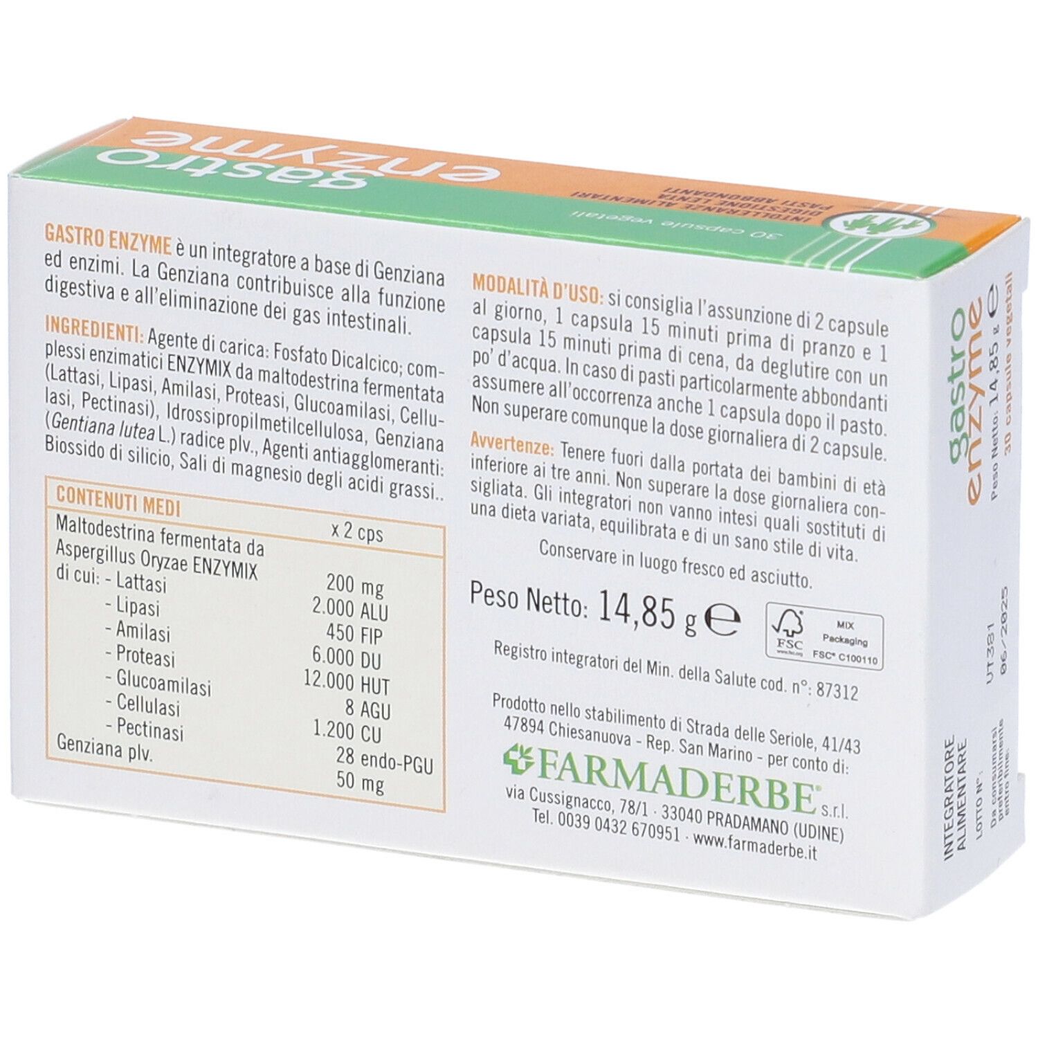 Dos de la boîte "gastro enzyme". Contient des informations sur les ingrédients et l'utilisation. Marque: Farmaderbe.