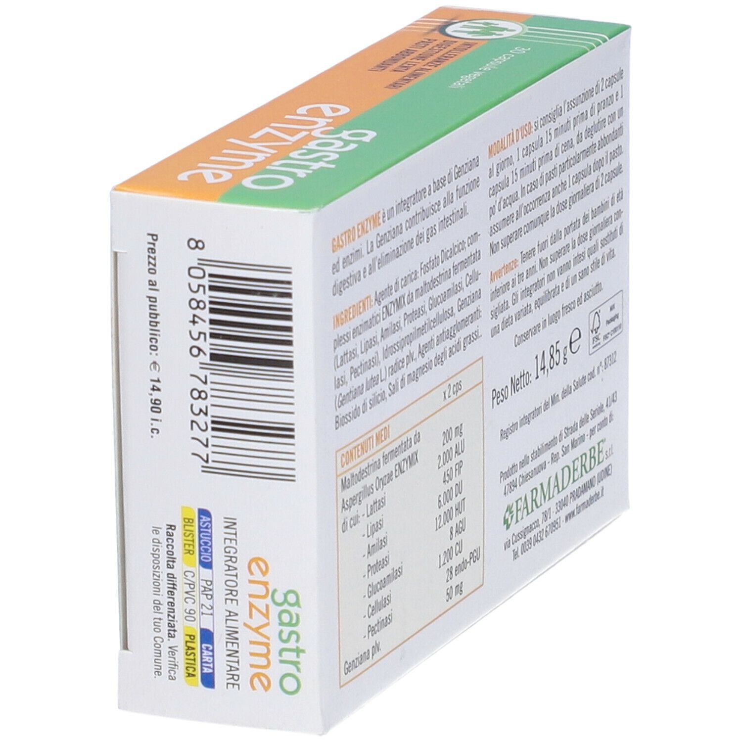 Boîte "gastro enzyme". Contient des informations sur les ingrédients et l'utilisation. Marque: Farmaderbe. Vue latérale.