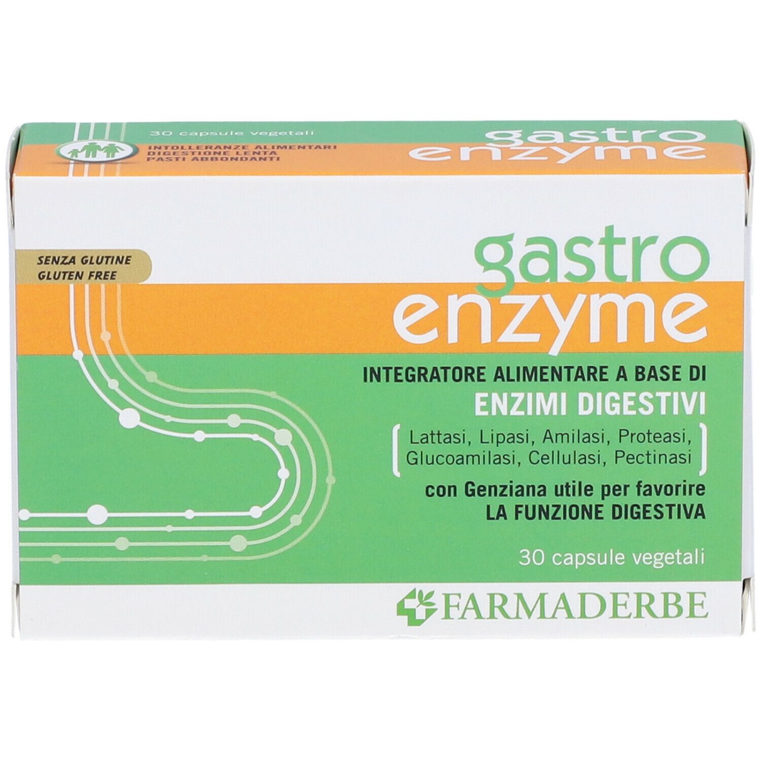 Boîte "gastro enzyme". 30 gélules végétales. Marque: Farmaderbe. Sans gluten. Design vert et orange.