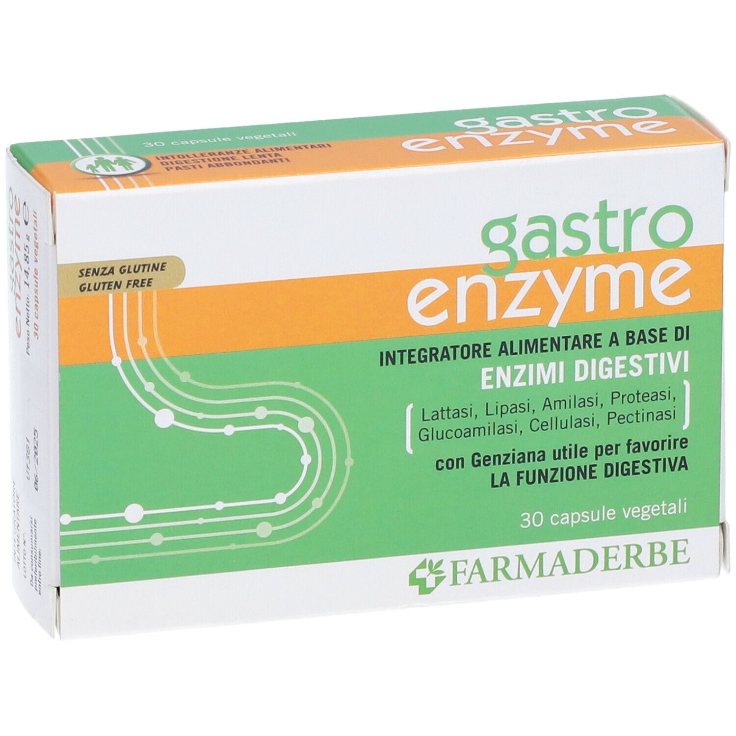 Boîte "gastro enzyme". 30 gélules végétales. Marque: Farmaderbe. Sans gluten. Design vert et orange.
