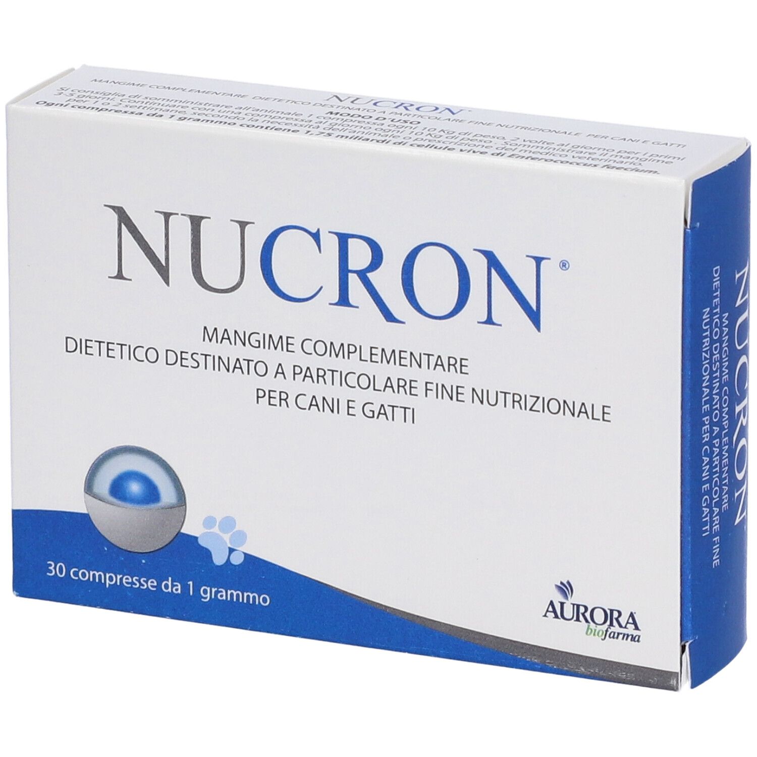 Weiße Schachtel mit Nucron-Logo und Produktinformationen. 30 Tabletten für Hunde und Katzen. Aurora Biofarma.