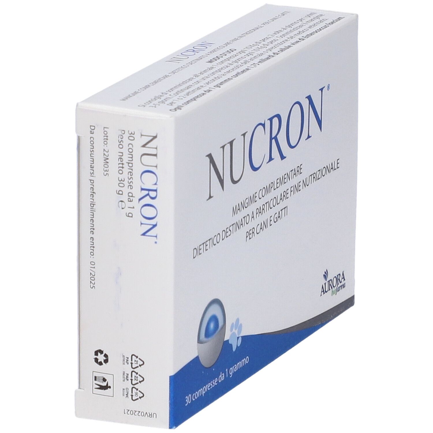 Nucron-Verpackung, weiß mit blauen Akzenten. 30 Tabletten. Produktname und Logo deutlich sichtbar. Aurora Biofarma.
