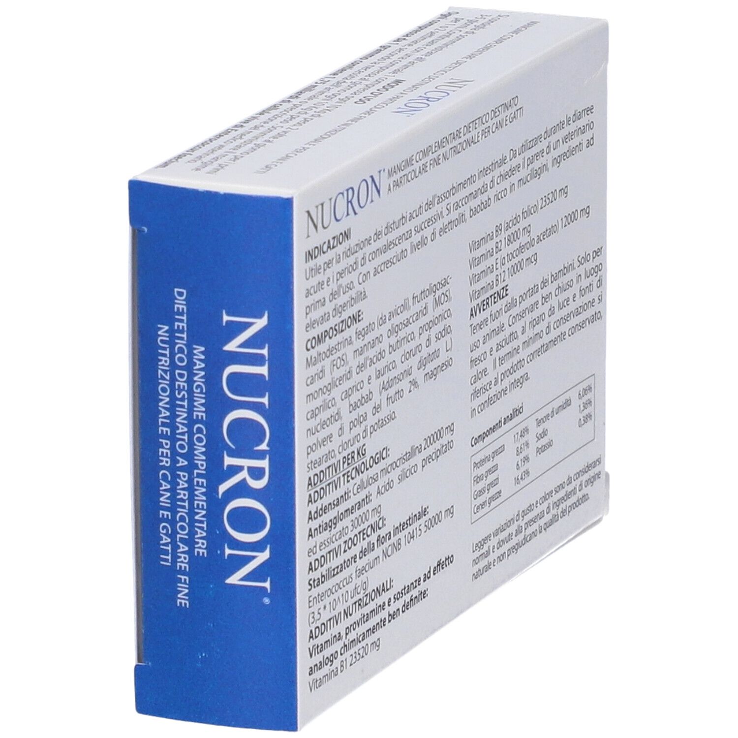 Nucron-Verpackung, Detailansicht. Text mit Inhaltsstoffen, Dosierung und Warnhinweisen. Aurora Biofarma Logo.